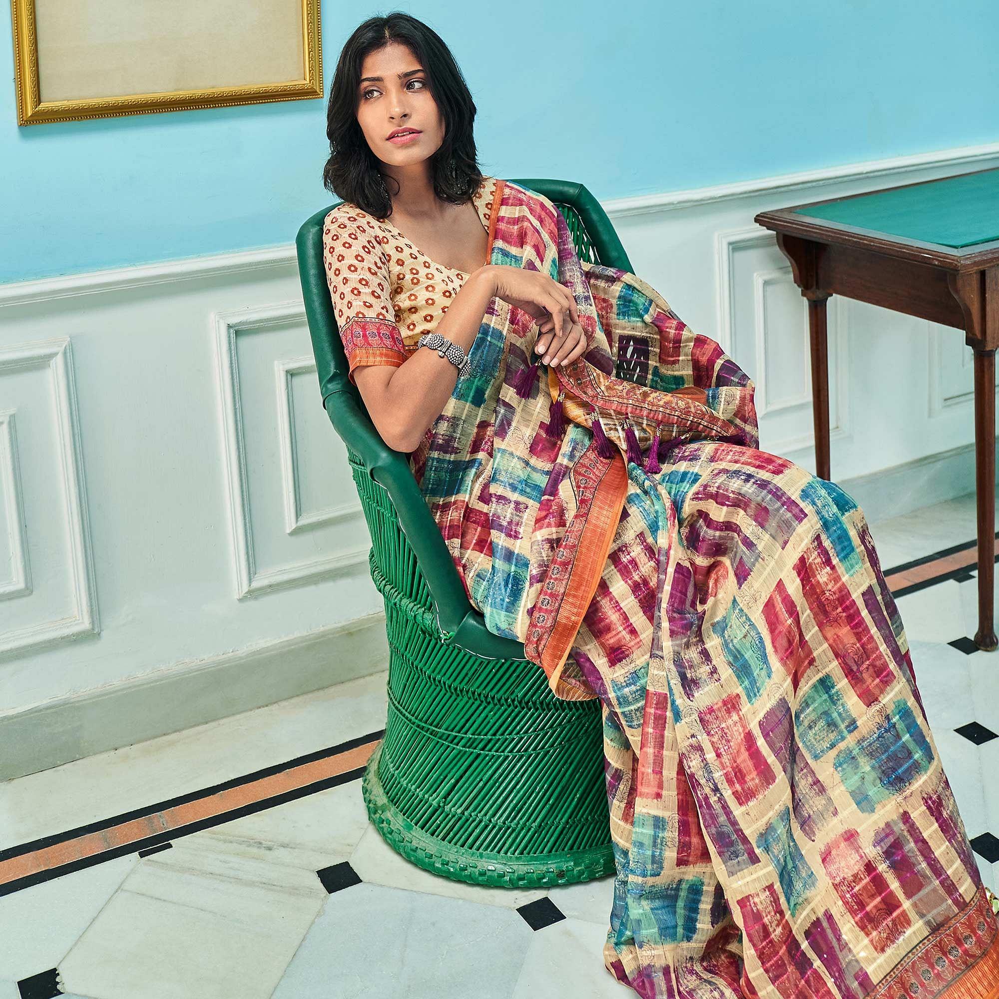 Multicolour Sequence Embroidered Linen Saree - Peachmode