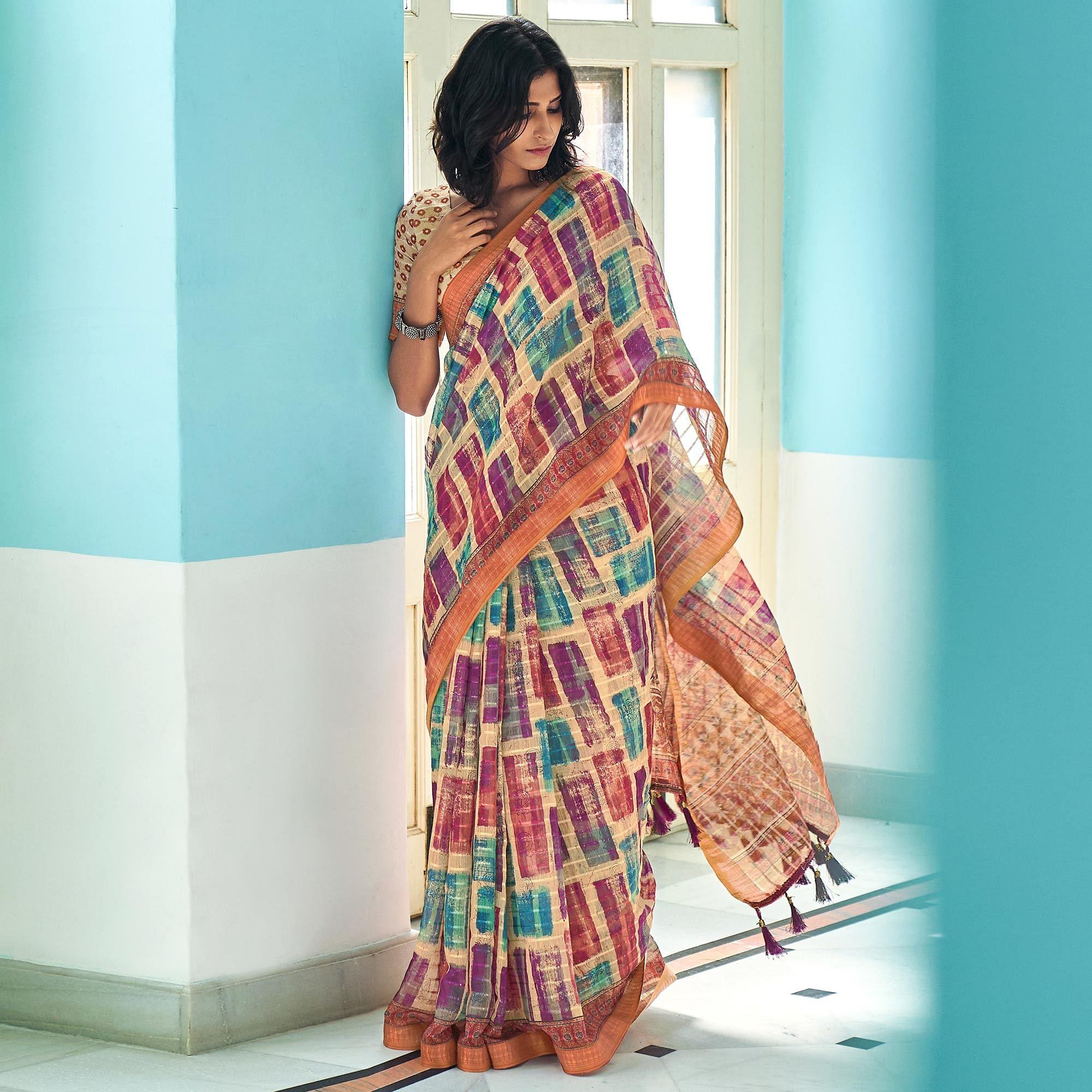 Multicolour Sequence Embroidered Linen Saree - Peachmode