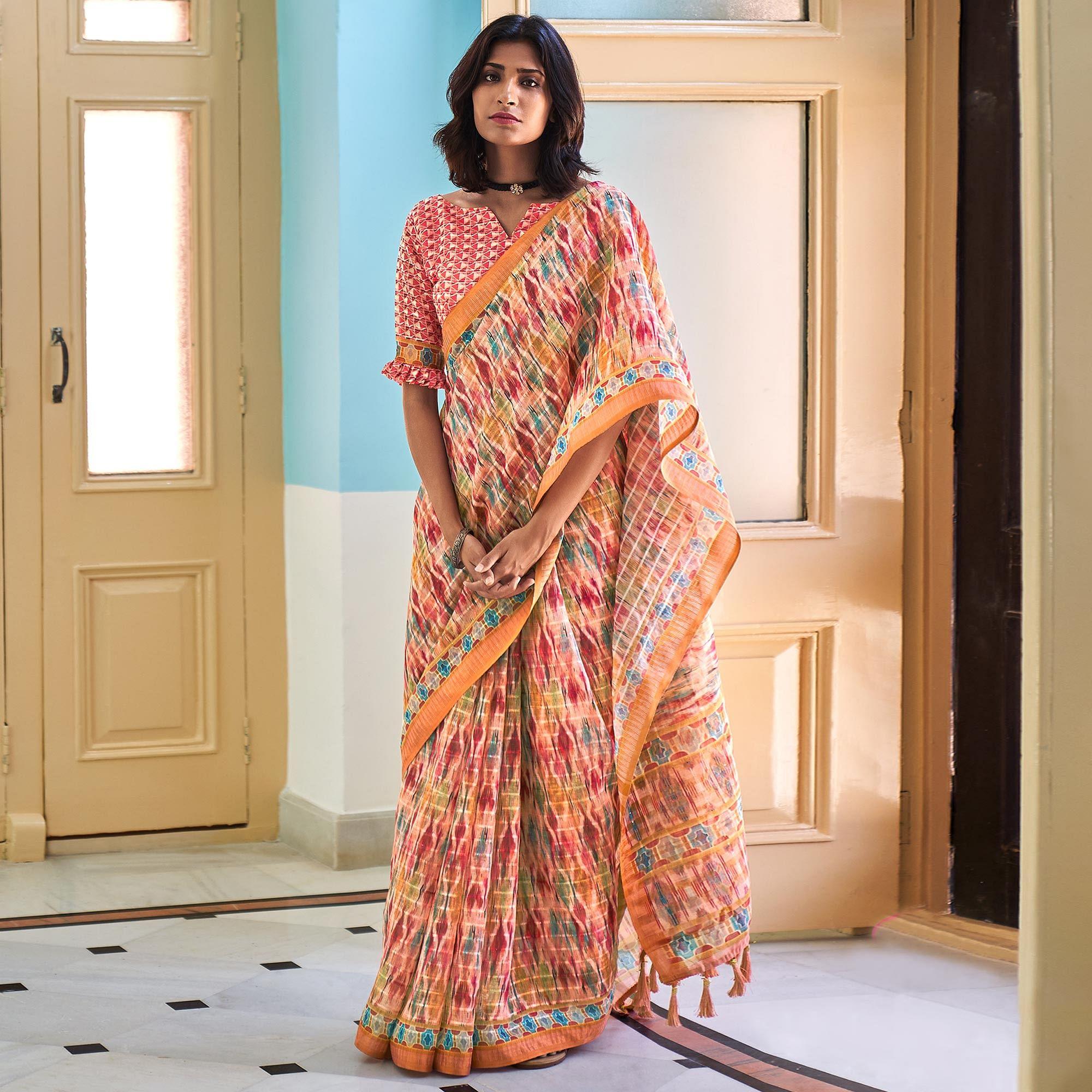 Multicolour Sequence Embroidered Linen Saree - Peachmode