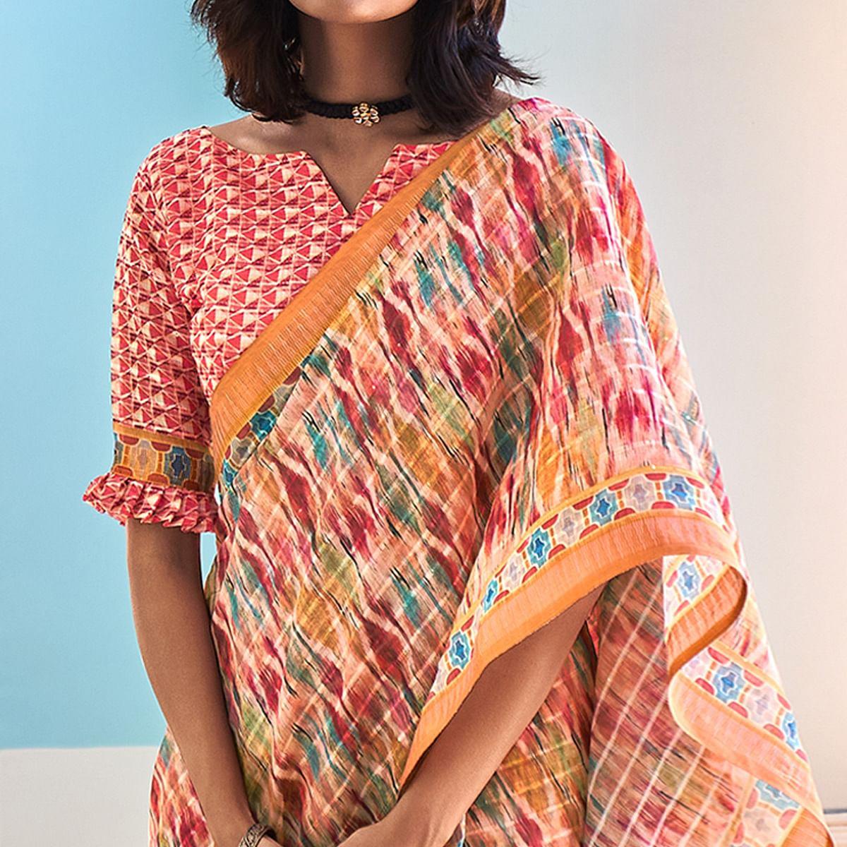 Multicolour Sequence Embroidered Linen Saree - Peachmode