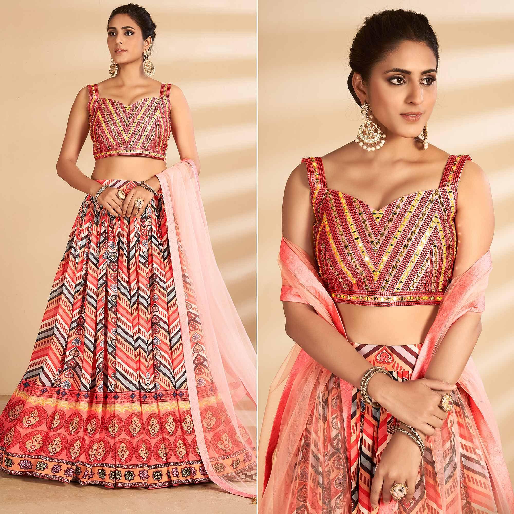 Multicolour Stripe Printed Art Silk Lehenga Choli - Peachmode