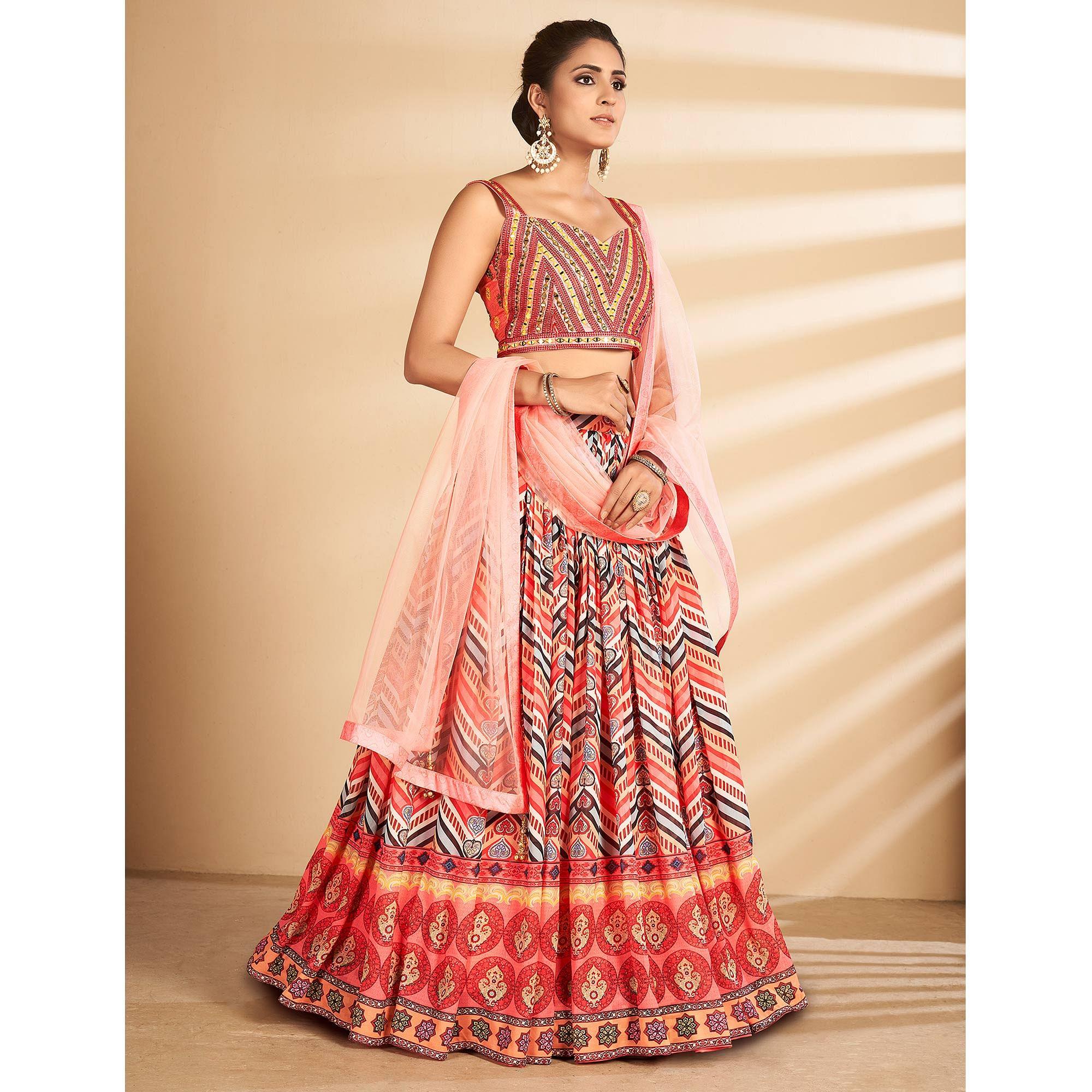 Multicolour Stripe Printed Art Silk Lehenga Choli - Peachmode