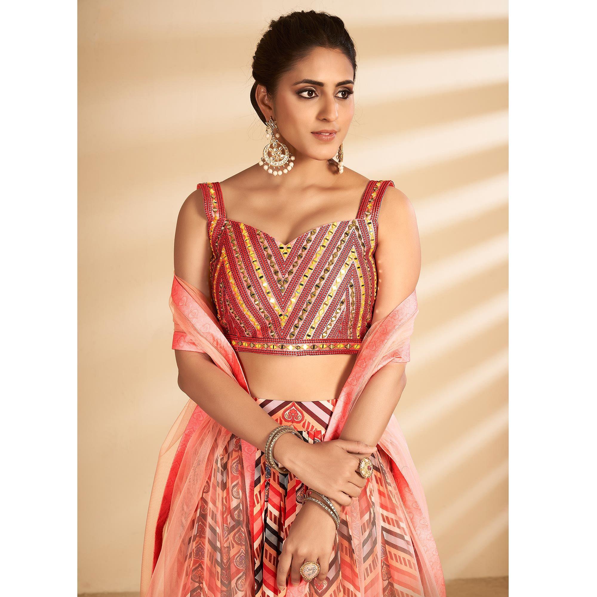 Multicolour Stripe Printed Art Silk Lehenga Choli - Peachmode