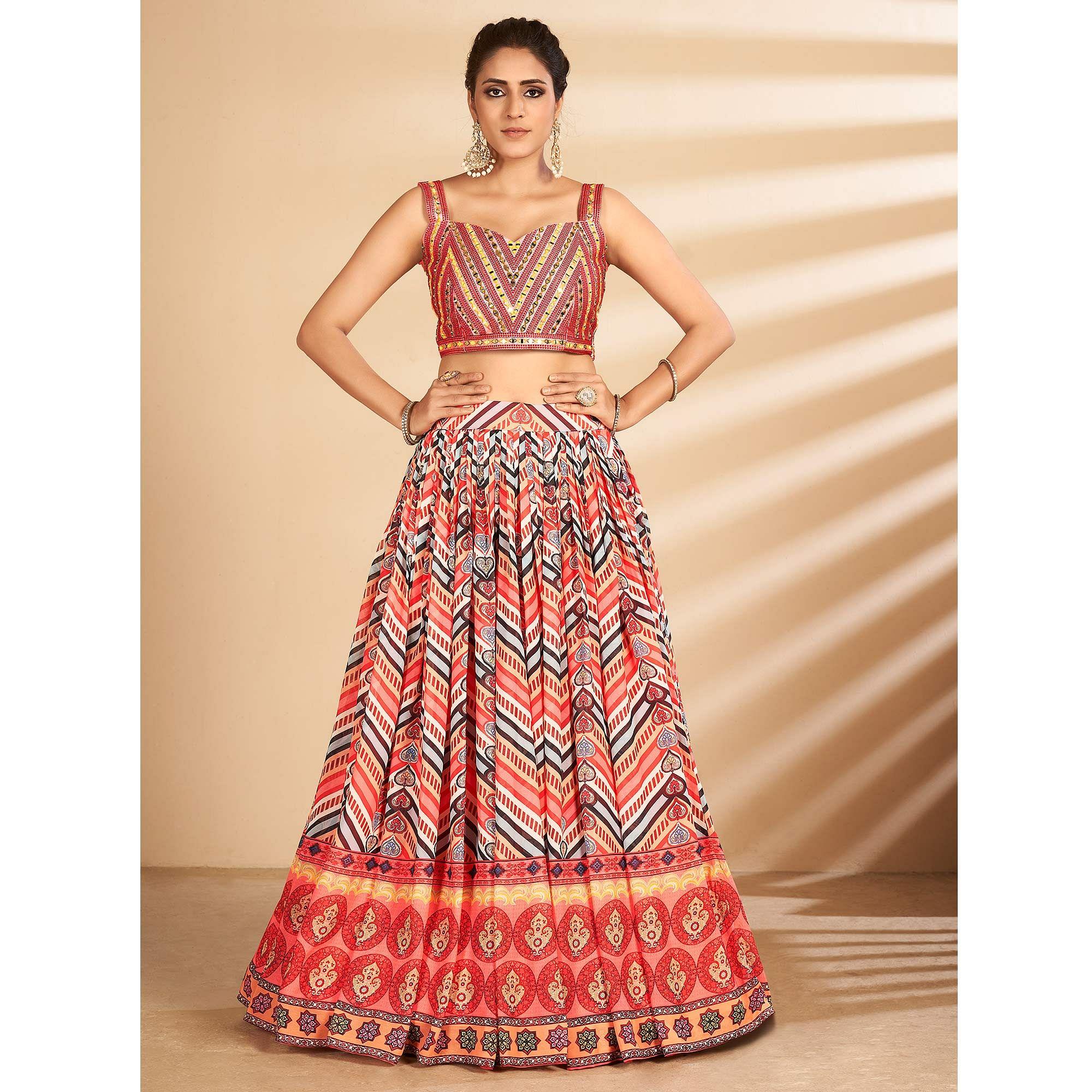 Multicolour Stripe Printed Art Silk Lehenga Choli - Peachmode