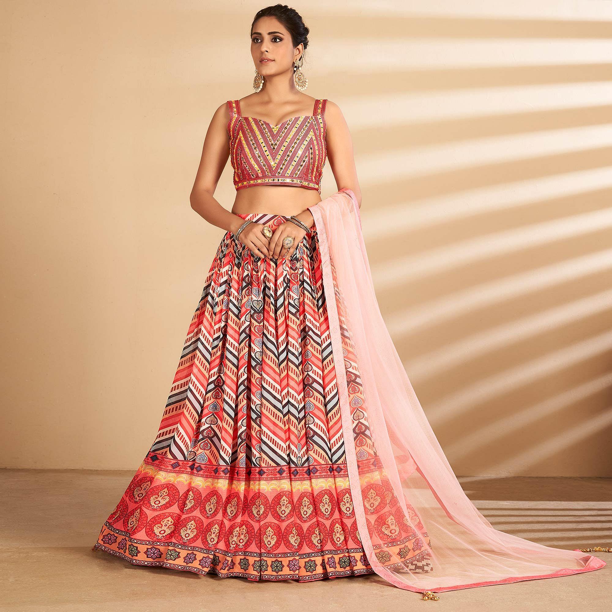 Multicolour Stripe Printed Art Silk Lehenga Choli - Peachmode