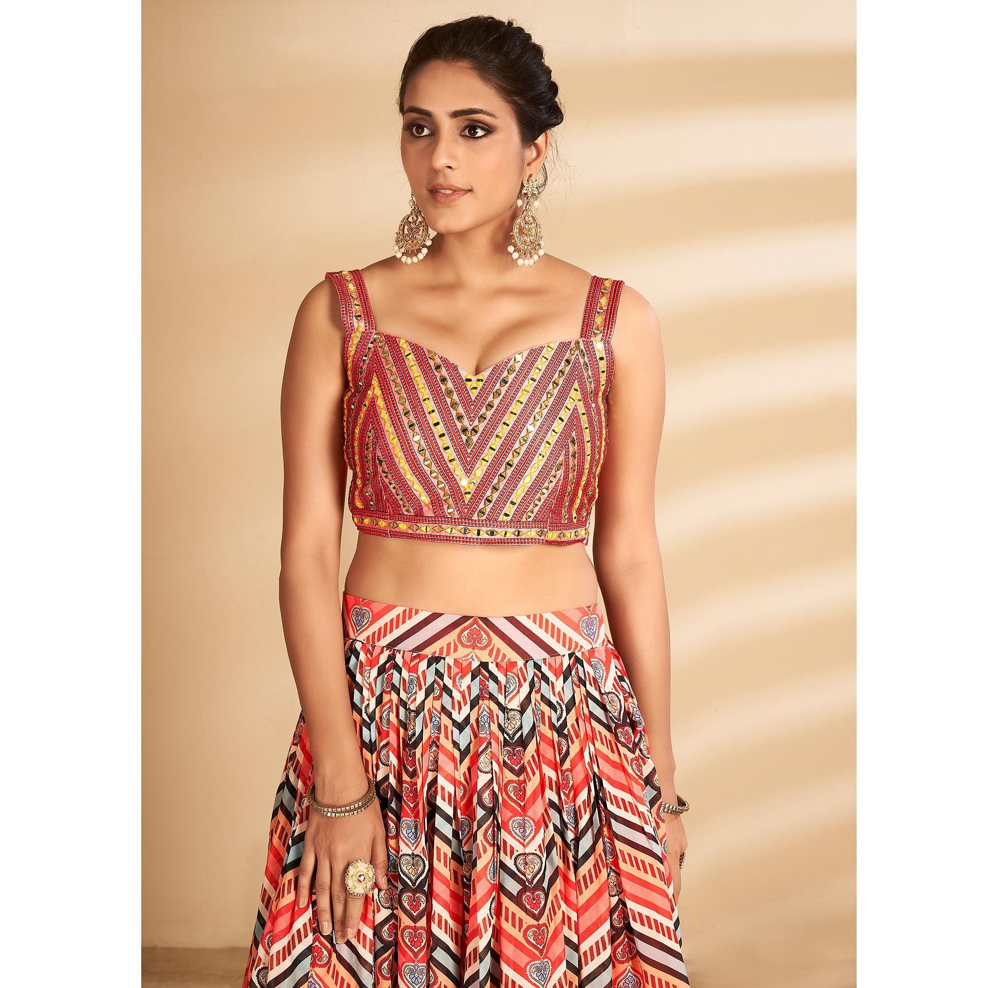 Multicolour Stripe Printed Art Silk Lehenga Choli - Peachmode
