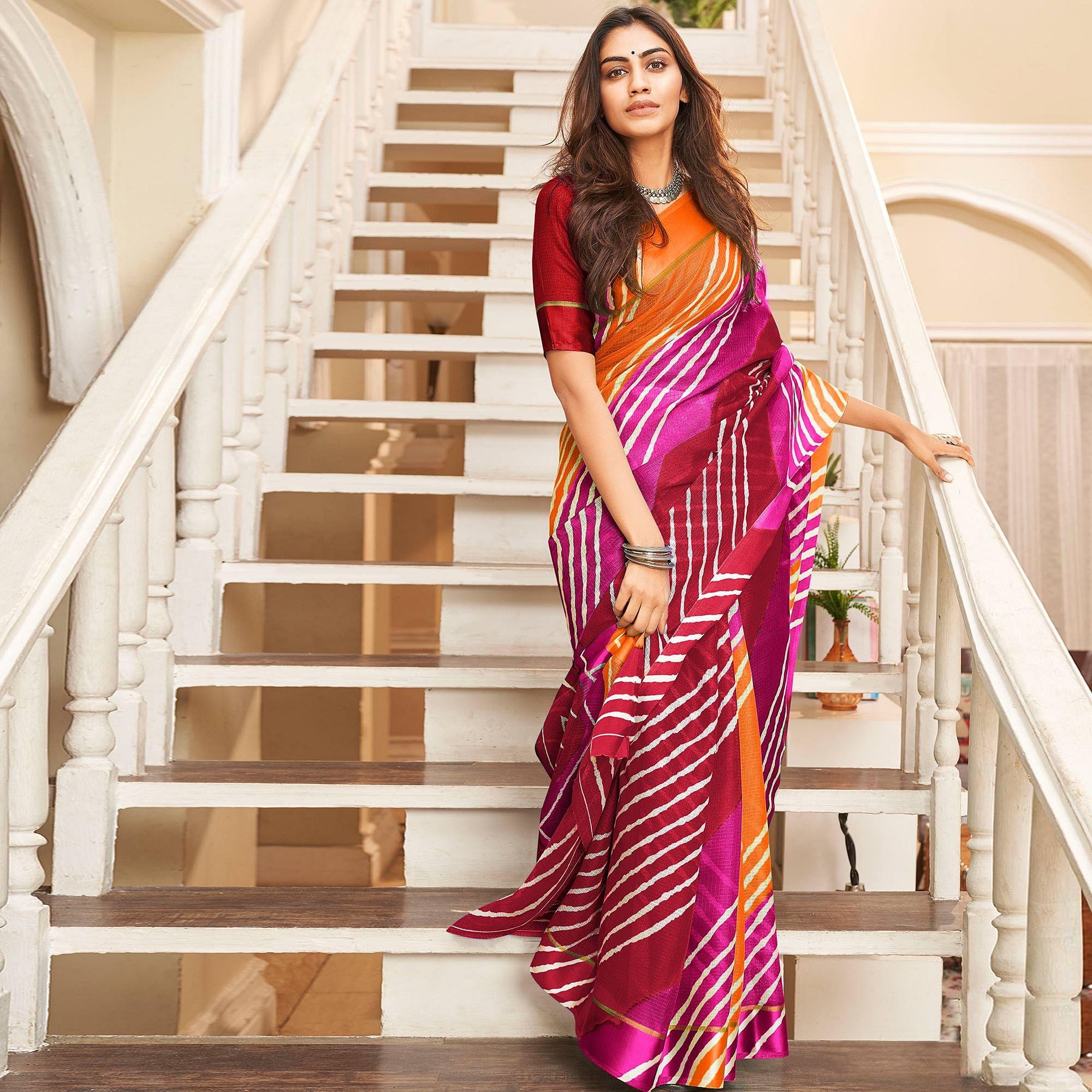 Multicolour Stripe Printed Art Silk Saree - Peachmode