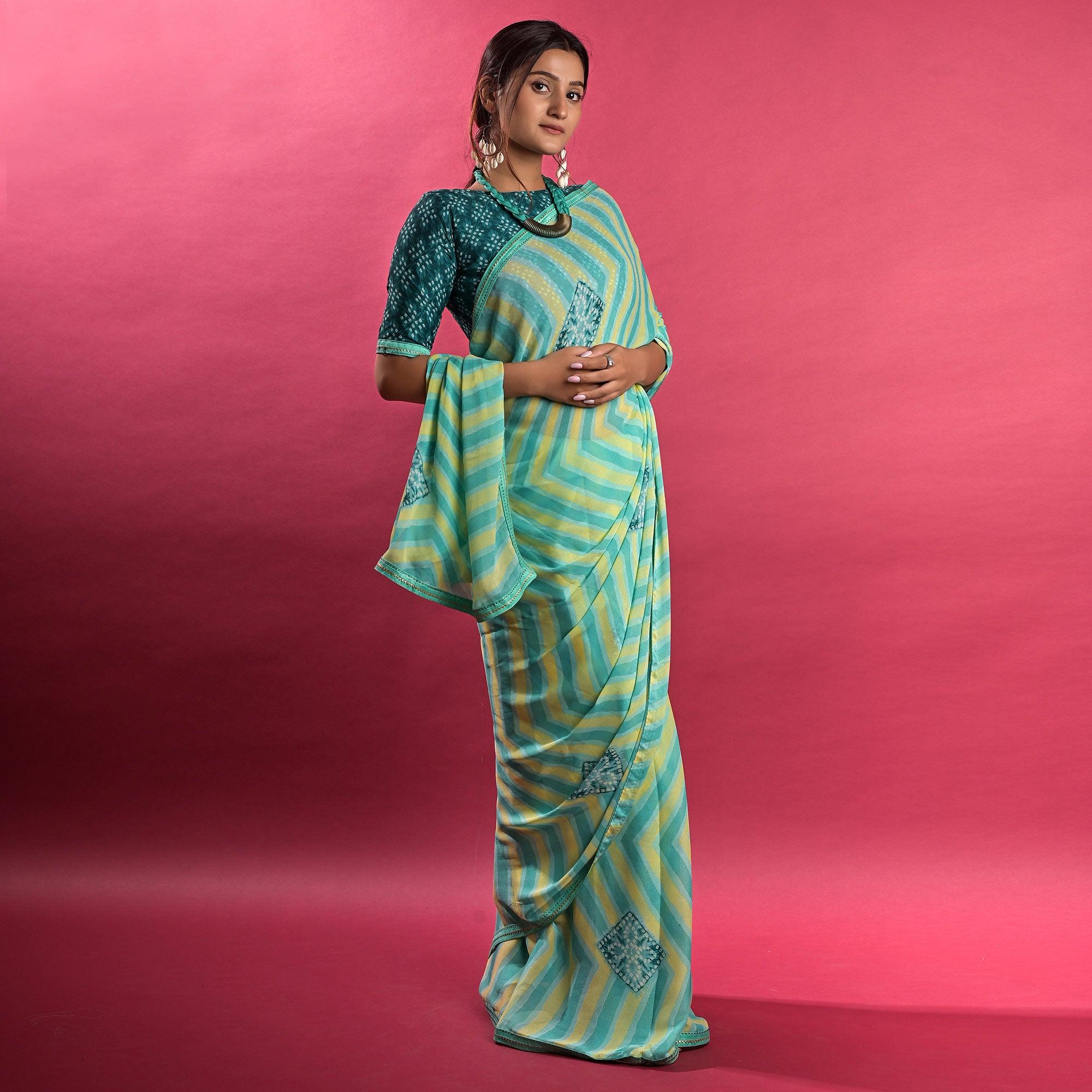 Multicolour Stripe Printed Chiffon Saree - Peachmode