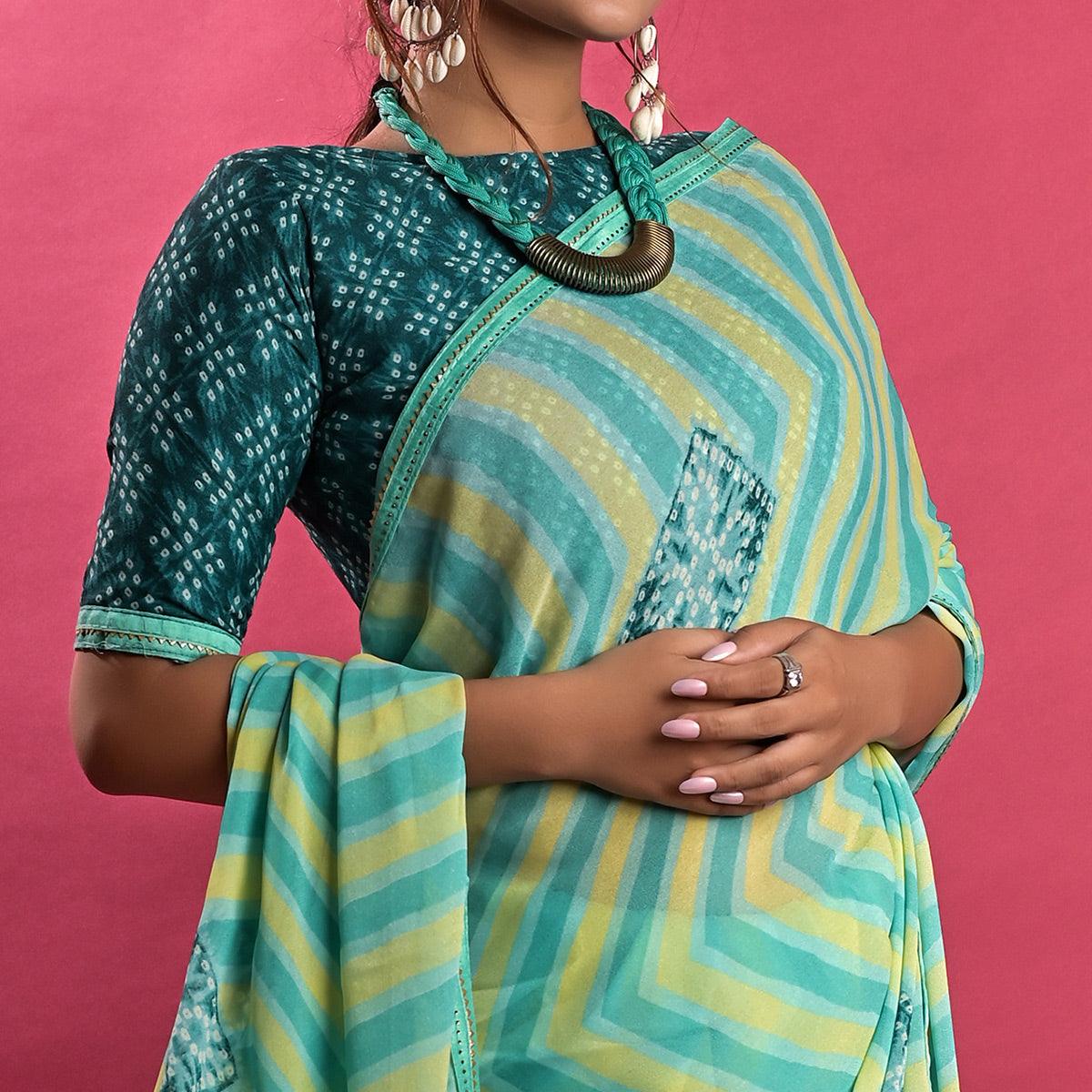 Multicolour Stripe Printed Chiffon Saree - Peachmode