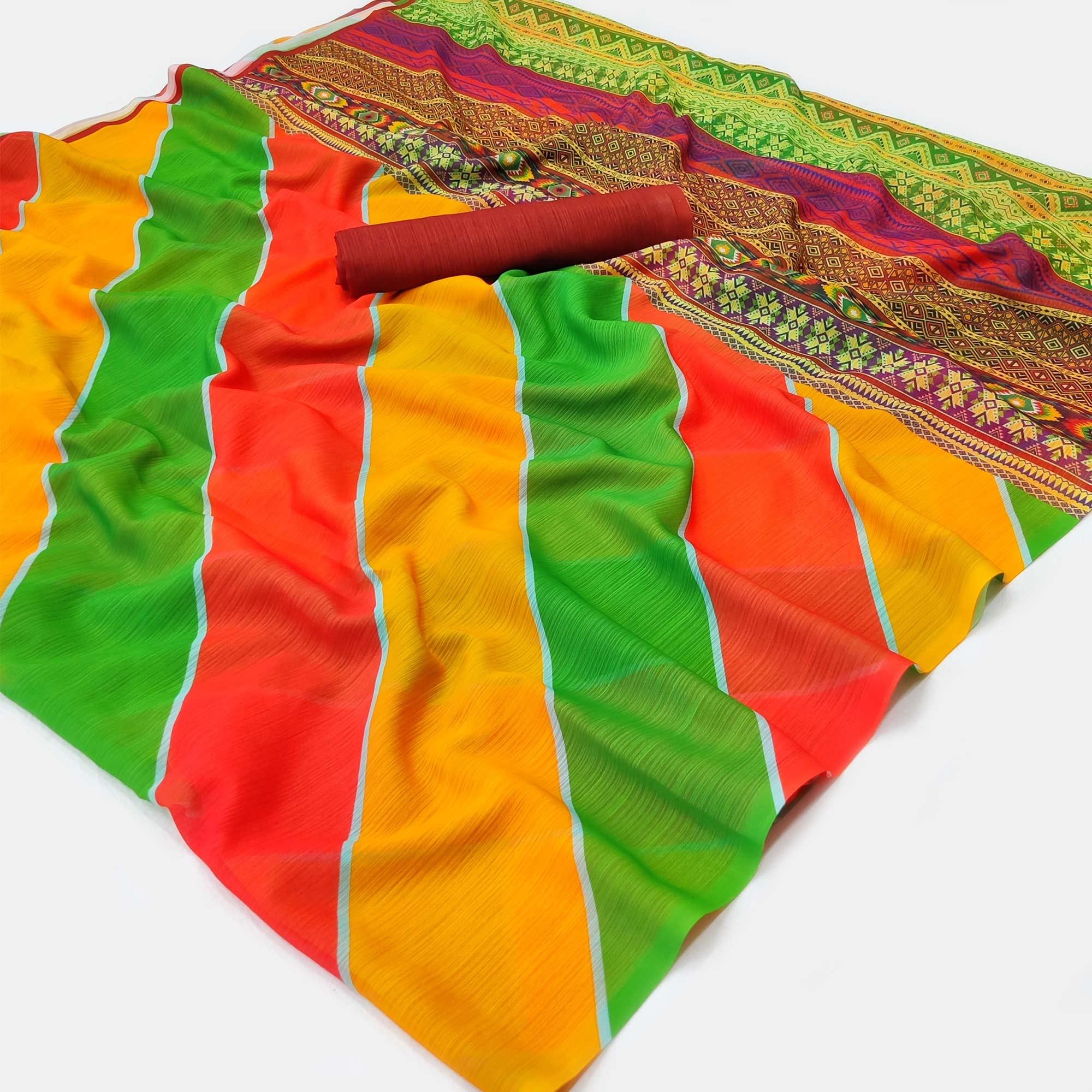 Multicolour Stripe Printed Georgette Saree - Peachmode