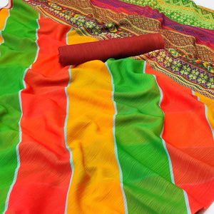 Multicolour Stripe Printed Georgette Saree - Peachmode