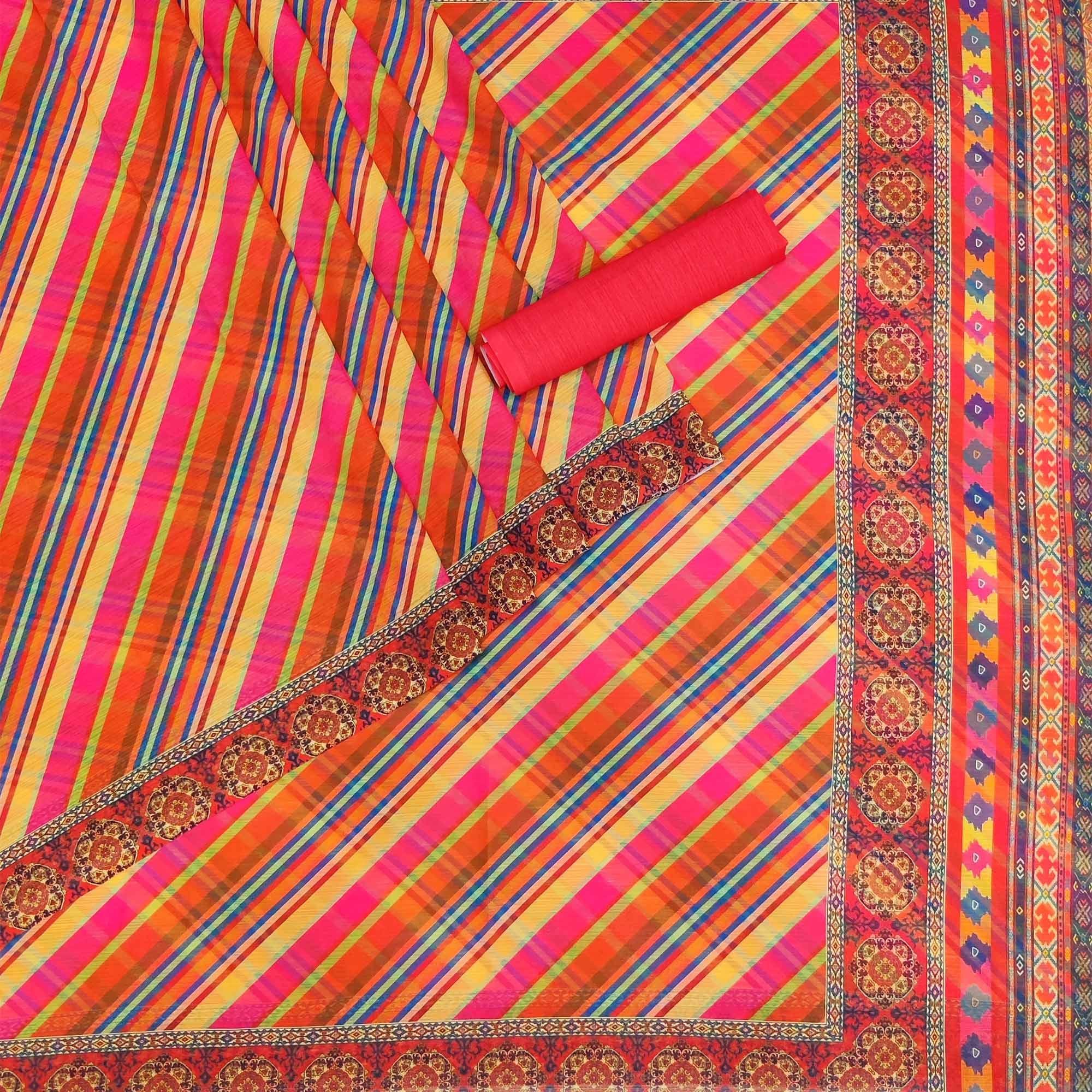 Multicolour Stripe Printed Georgette Saree - Peachmode