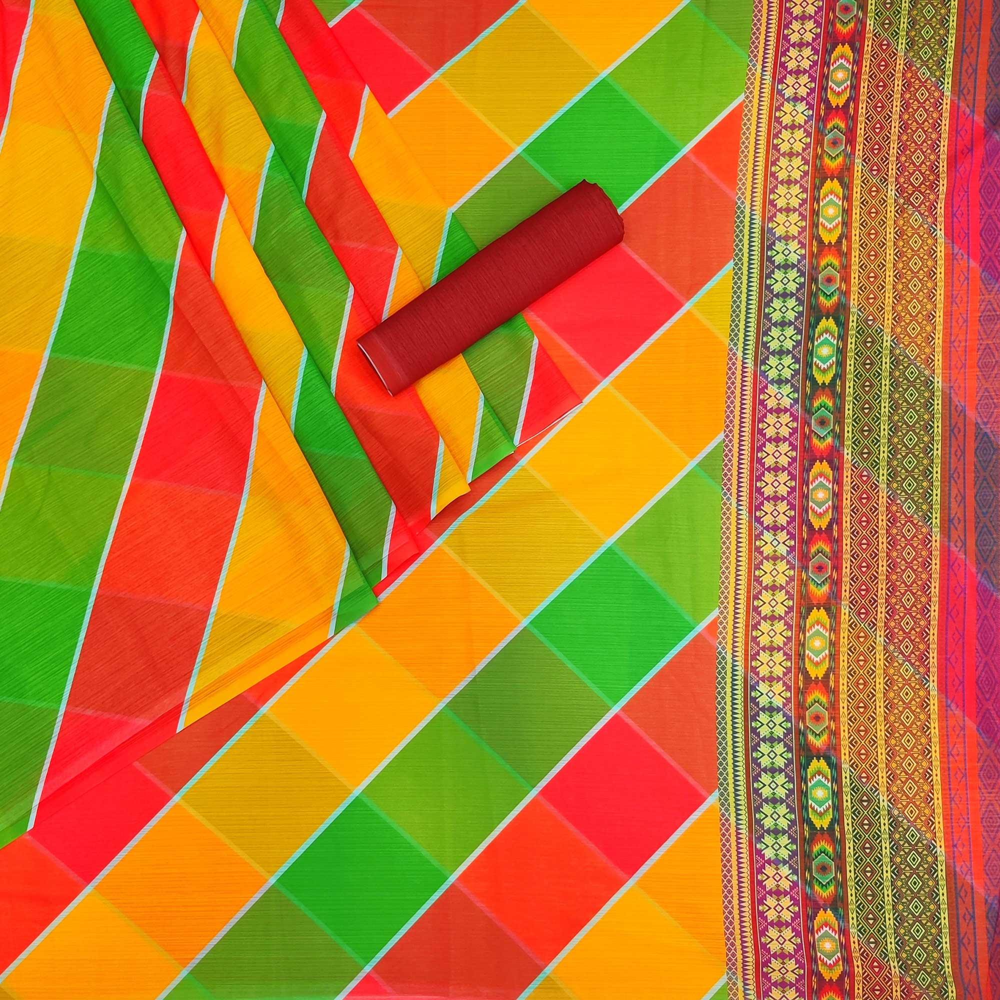 Multicolour Stripe Printed Georgette Saree - Peachmode