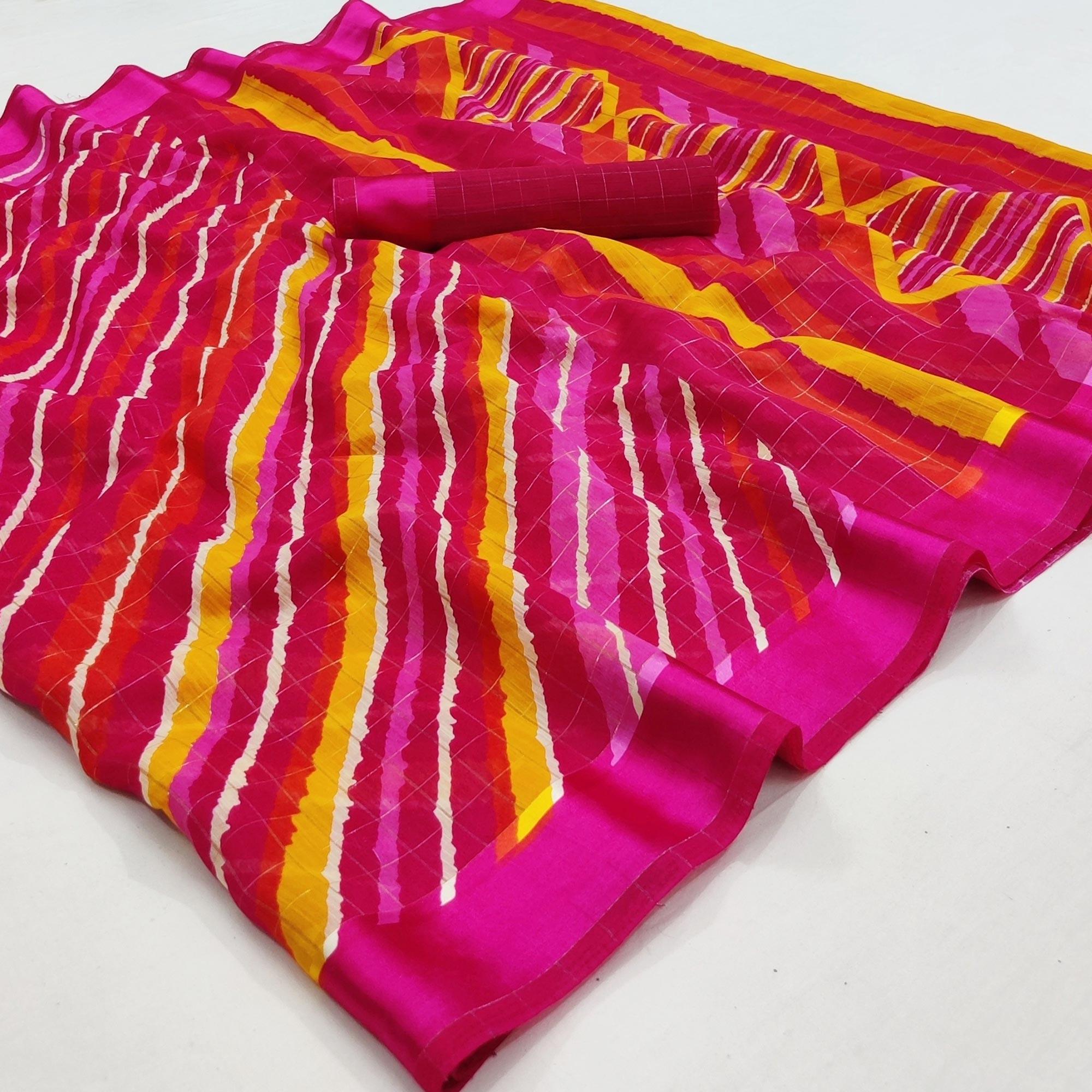 Multicolour Stripe Printed Linen Saree - Peachmode