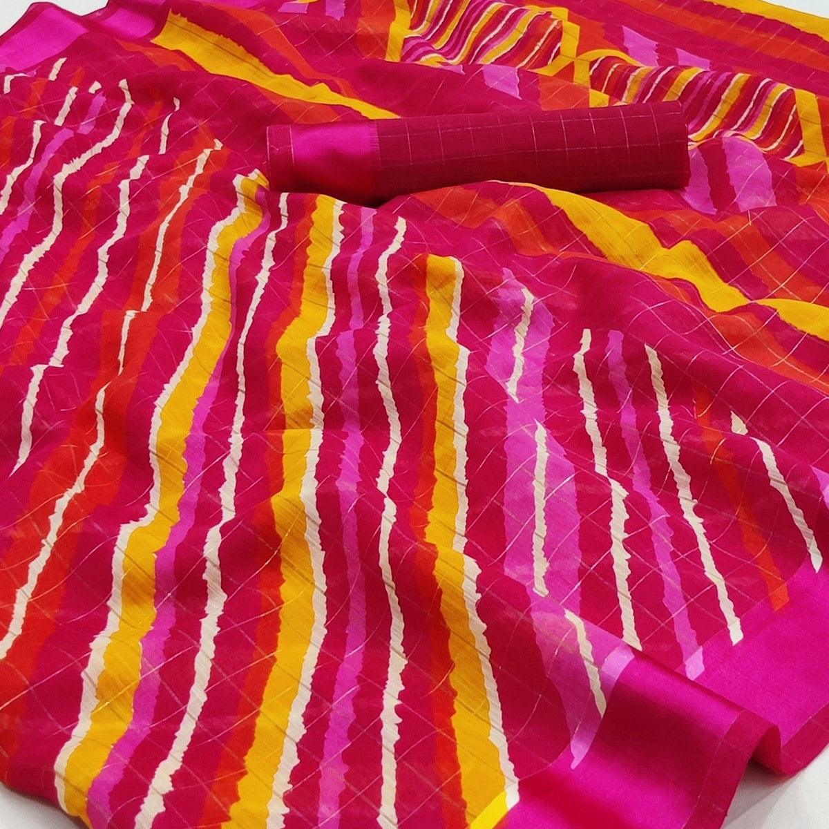 Multicolour Stripe Printed Linen Saree - Peachmode