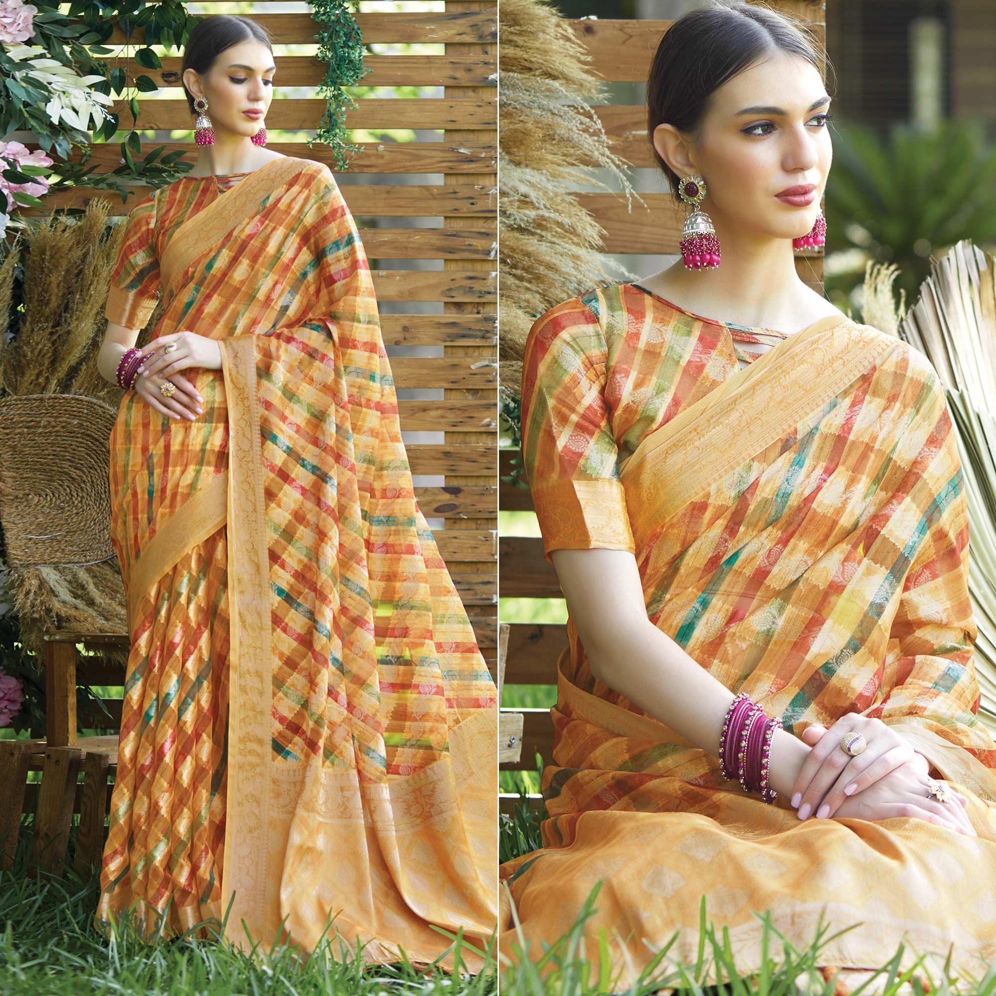 Multicolour Stripes Printed Art Silk Saree With Tassels - Peachmode