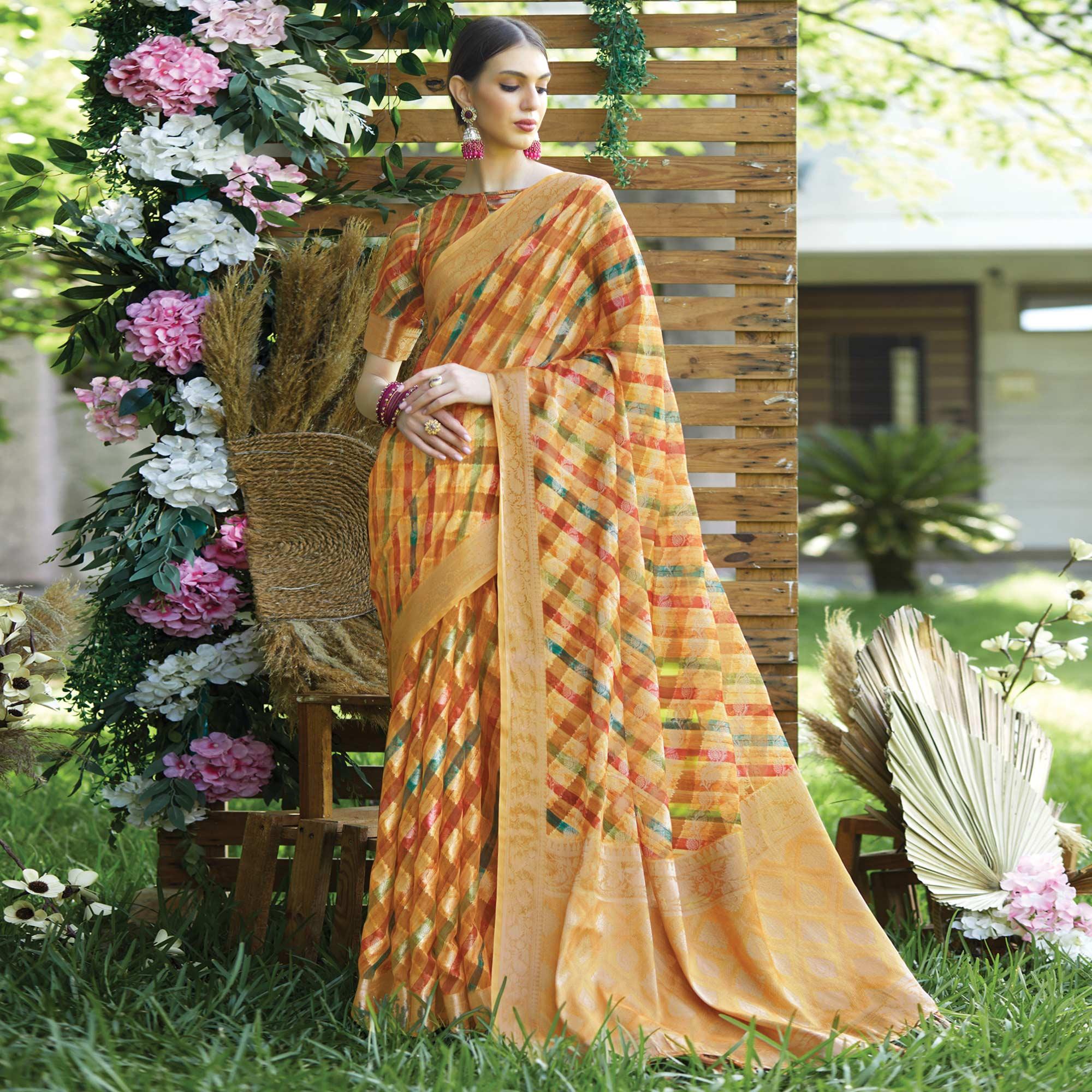 Multicolour Stripes Printed Art Silk Saree With Tassels - Peachmode