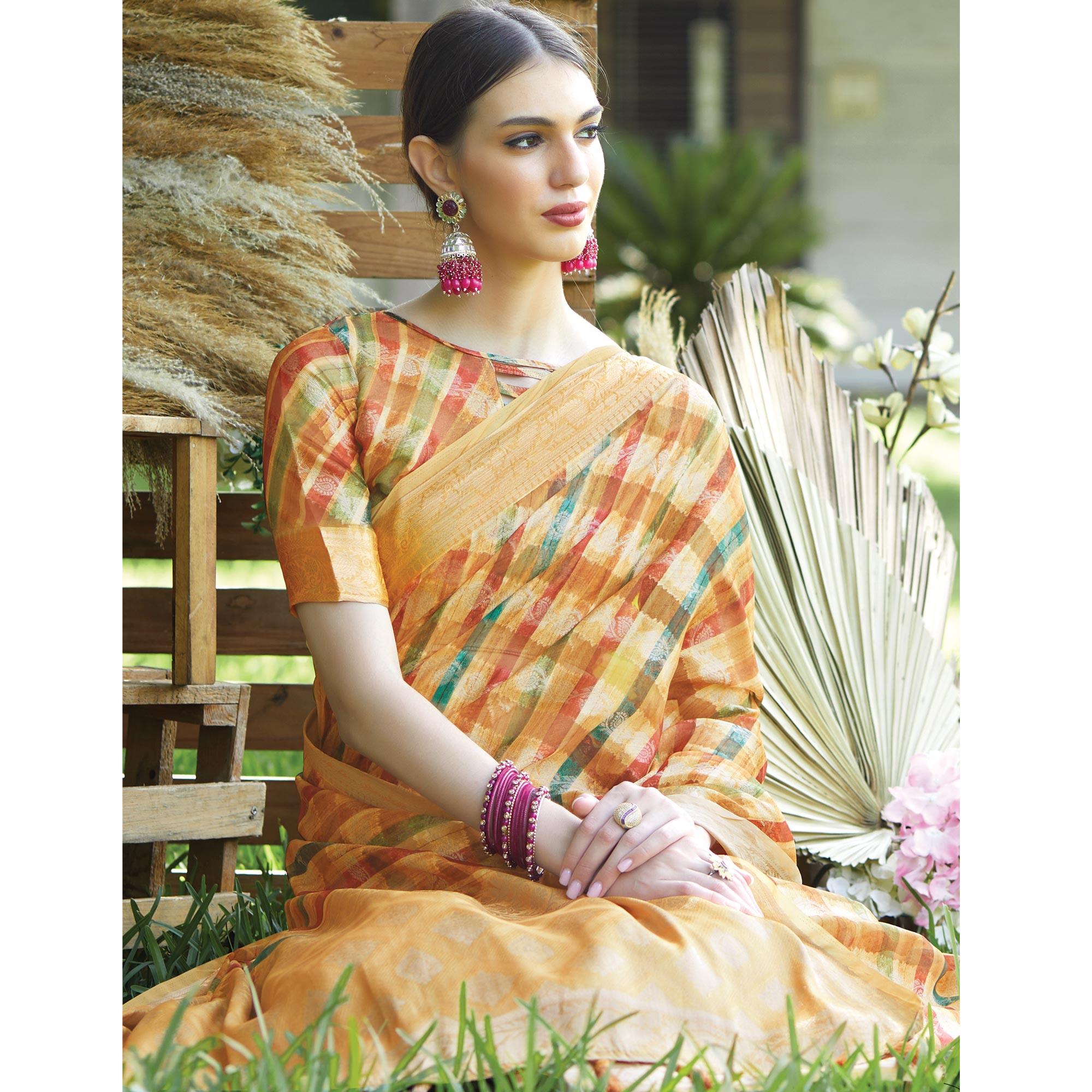Multicolour Stripes Printed Art Silk Saree With Tassels - Peachmode
