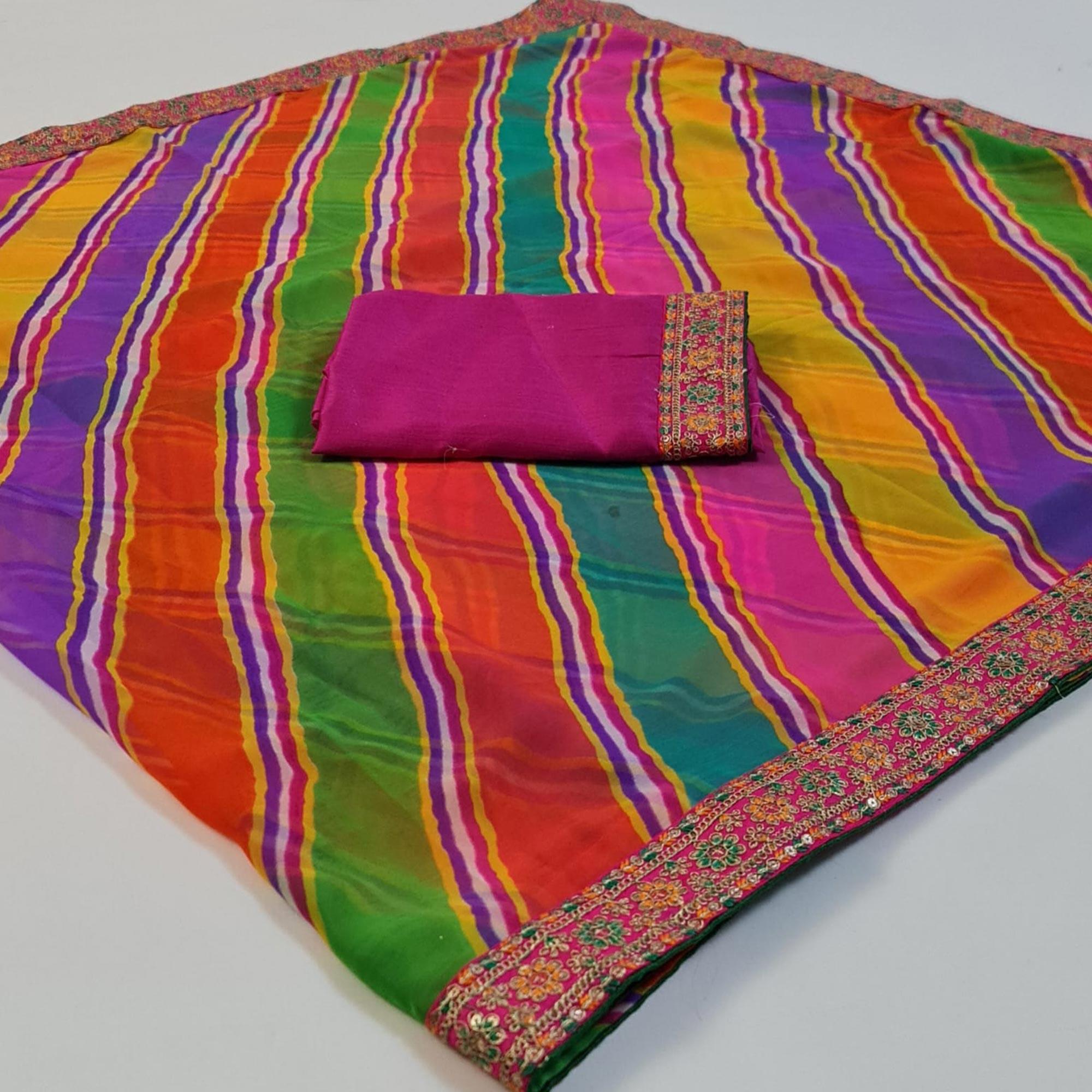 Multicolour Stripes Printed Georgette Saree - Peachmode