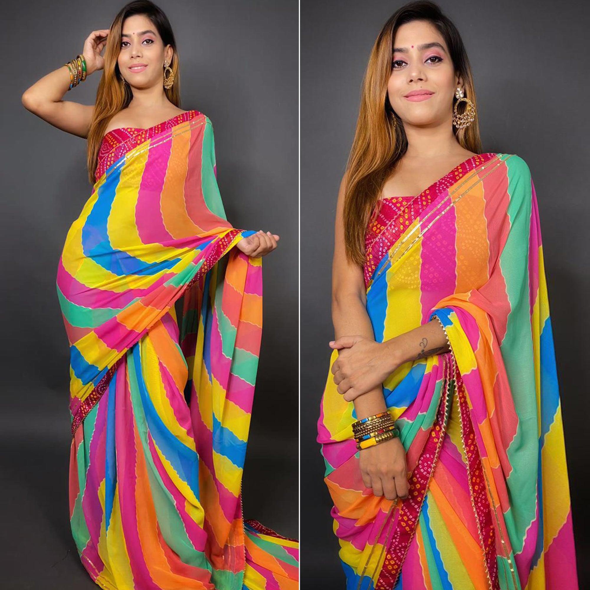 Multicolour Stripes Printed Georgette Saree - Peachmode