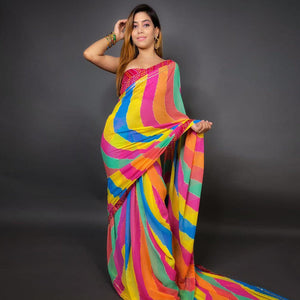 Multicolour Stripes Printed Georgette Saree - Peachmode