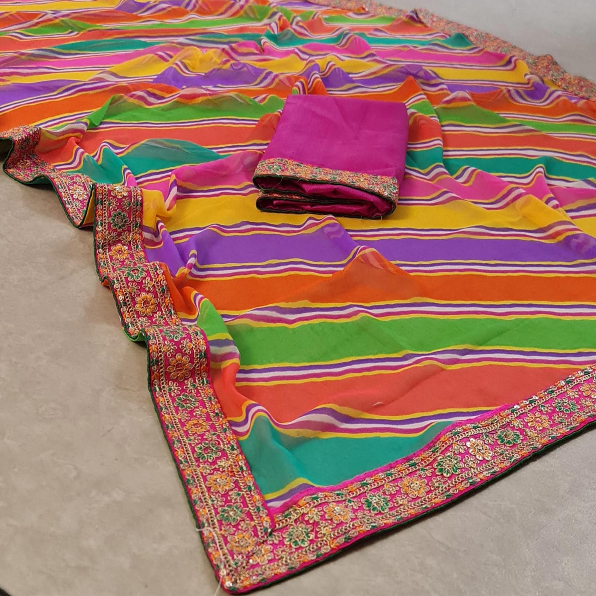 Multicolour Stripes Printed Georgette Saree - Peachmode