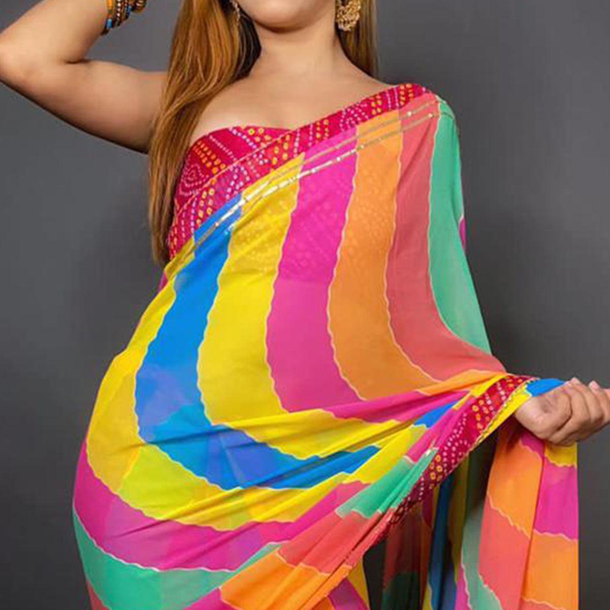 Multicolour Stripes Printed Georgette Saree - Peachmode