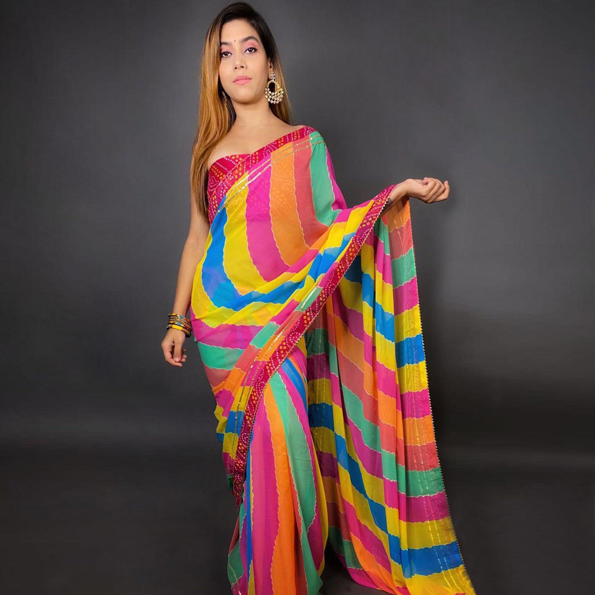 Multicolour Stripes Printed Georgette Saree - Peachmode