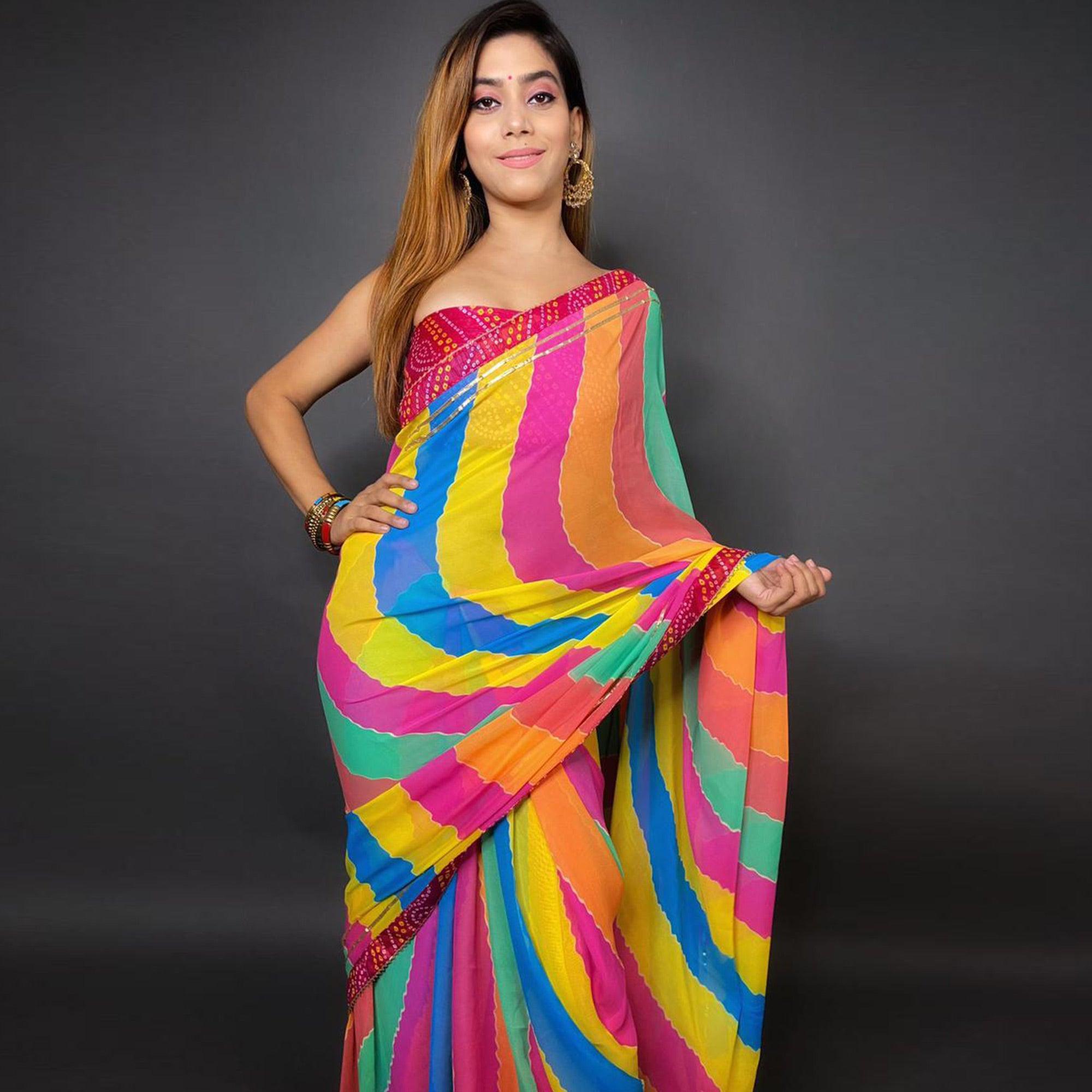 Multicolour Stripes Printed Georgette Saree - Peachmode