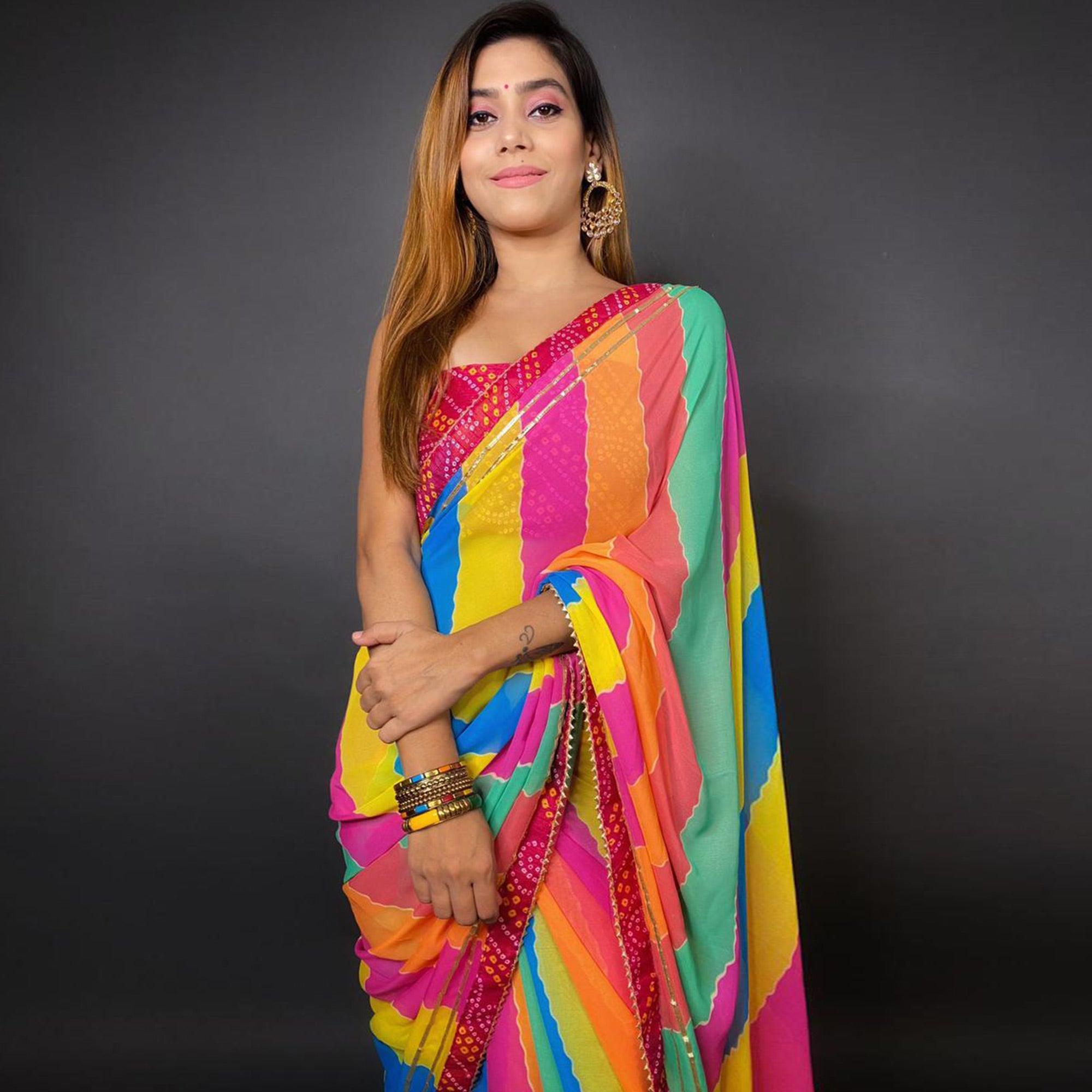 Multicolour Stripes Printed Georgette Saree - Peachmode