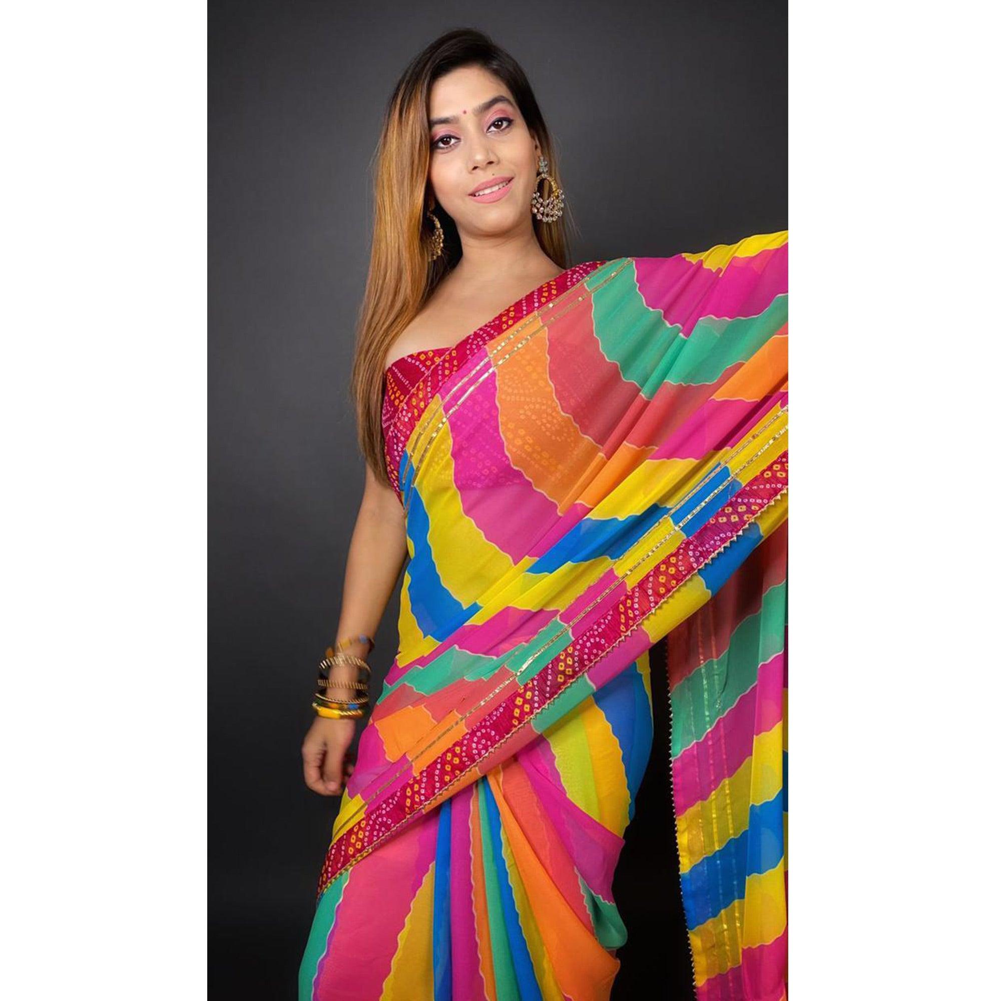 Multicolour Stripes Printed Georgette Saree - Peachmode