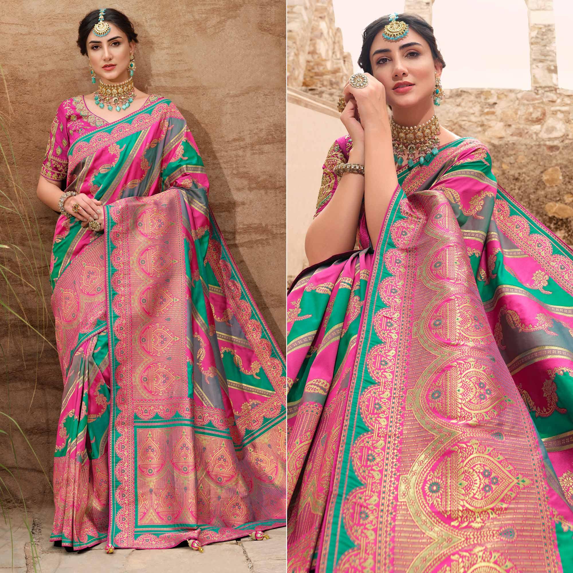 Multicolour Woven Banarasi Silk Saree With Tassels - Peachmode