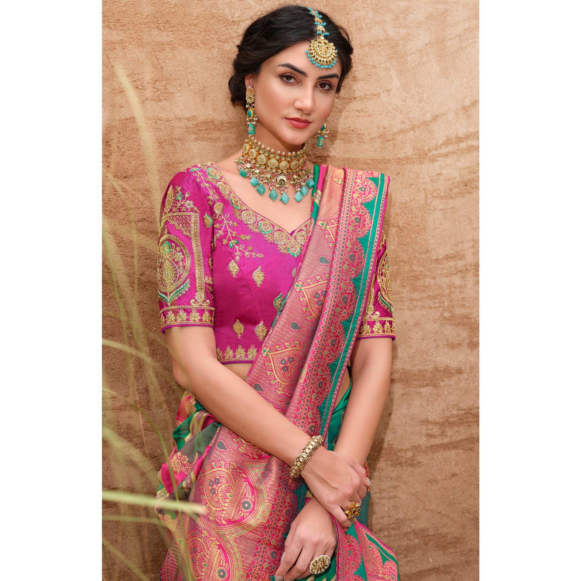 Multicolour Woven Banarasi Silk Saree With Tassels - Peachmode