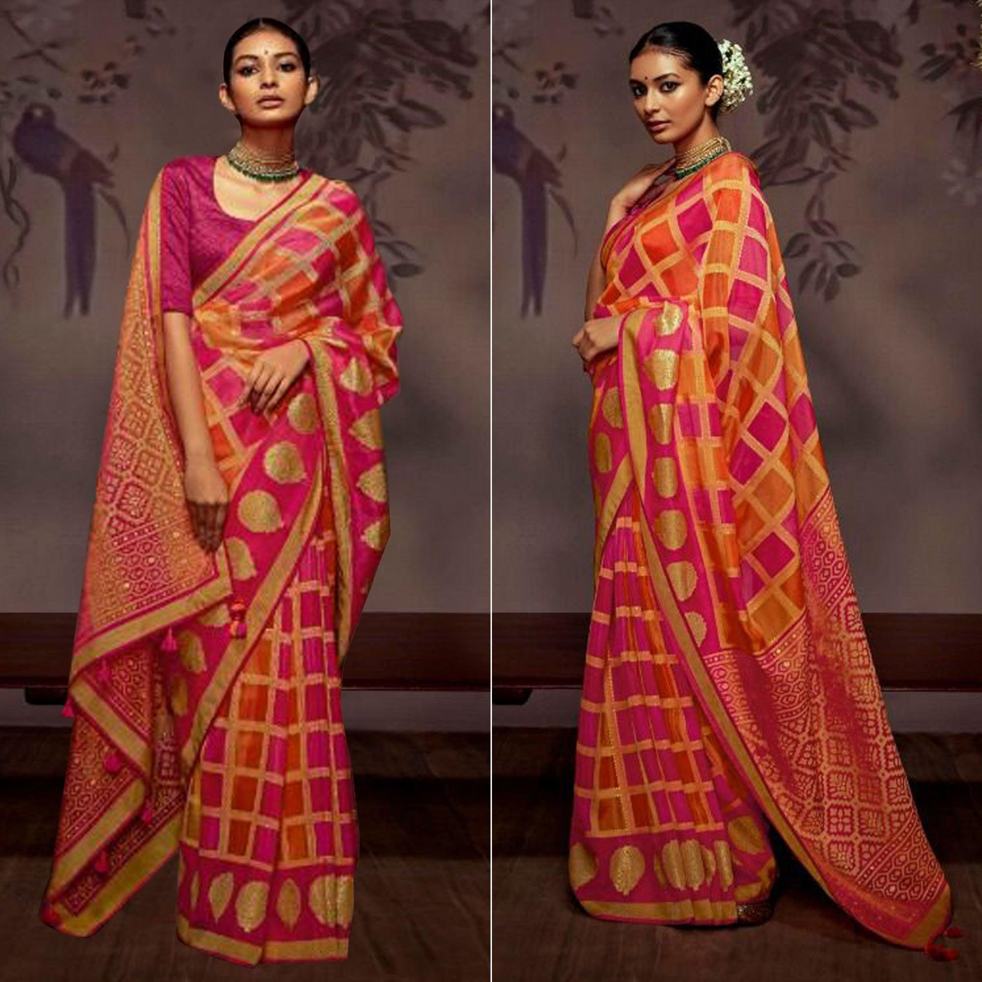 Multicolour Woven Brasso Saree With Tassels - Peachmode