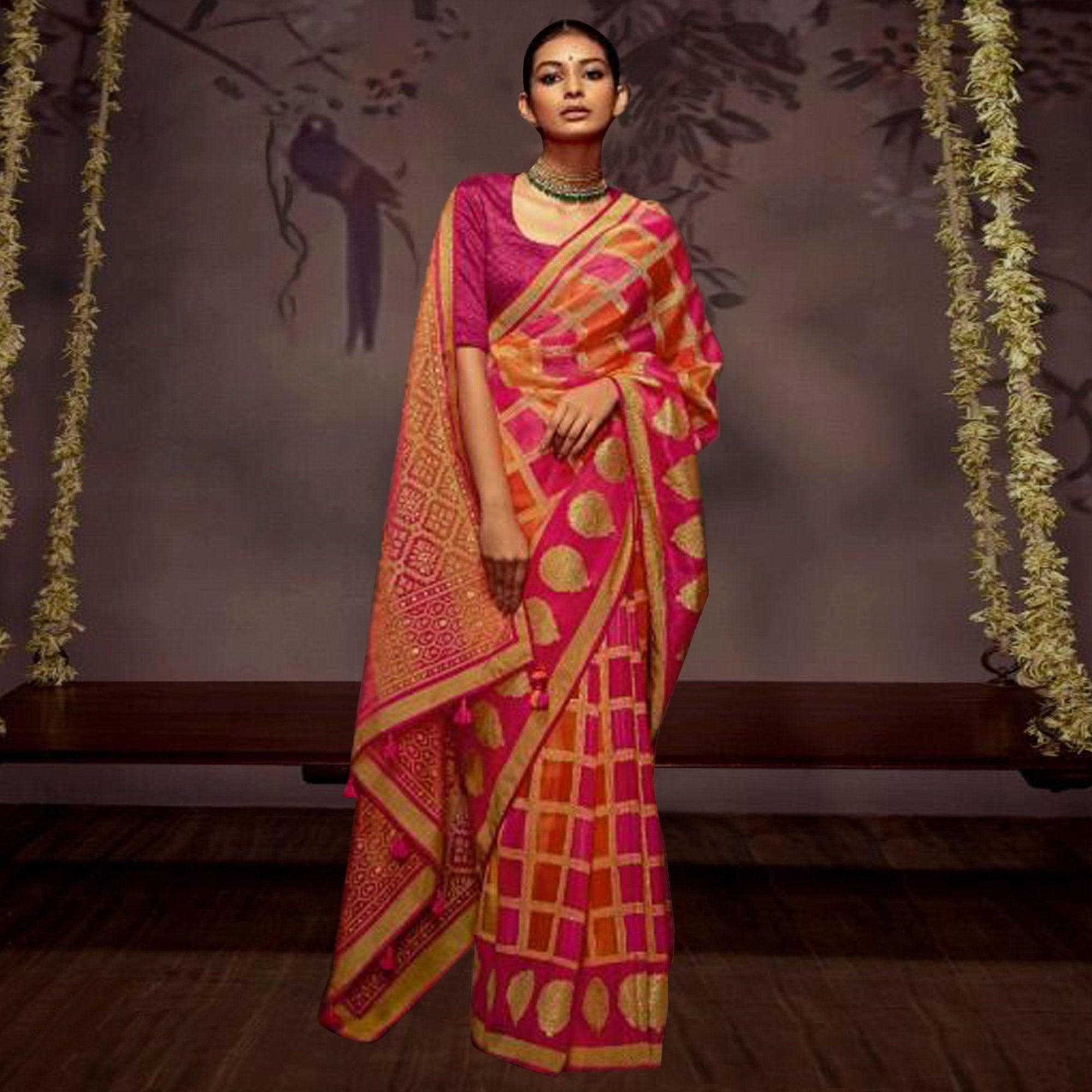 Multicolour Woven Brasso Saree With Tassels - Peachmode