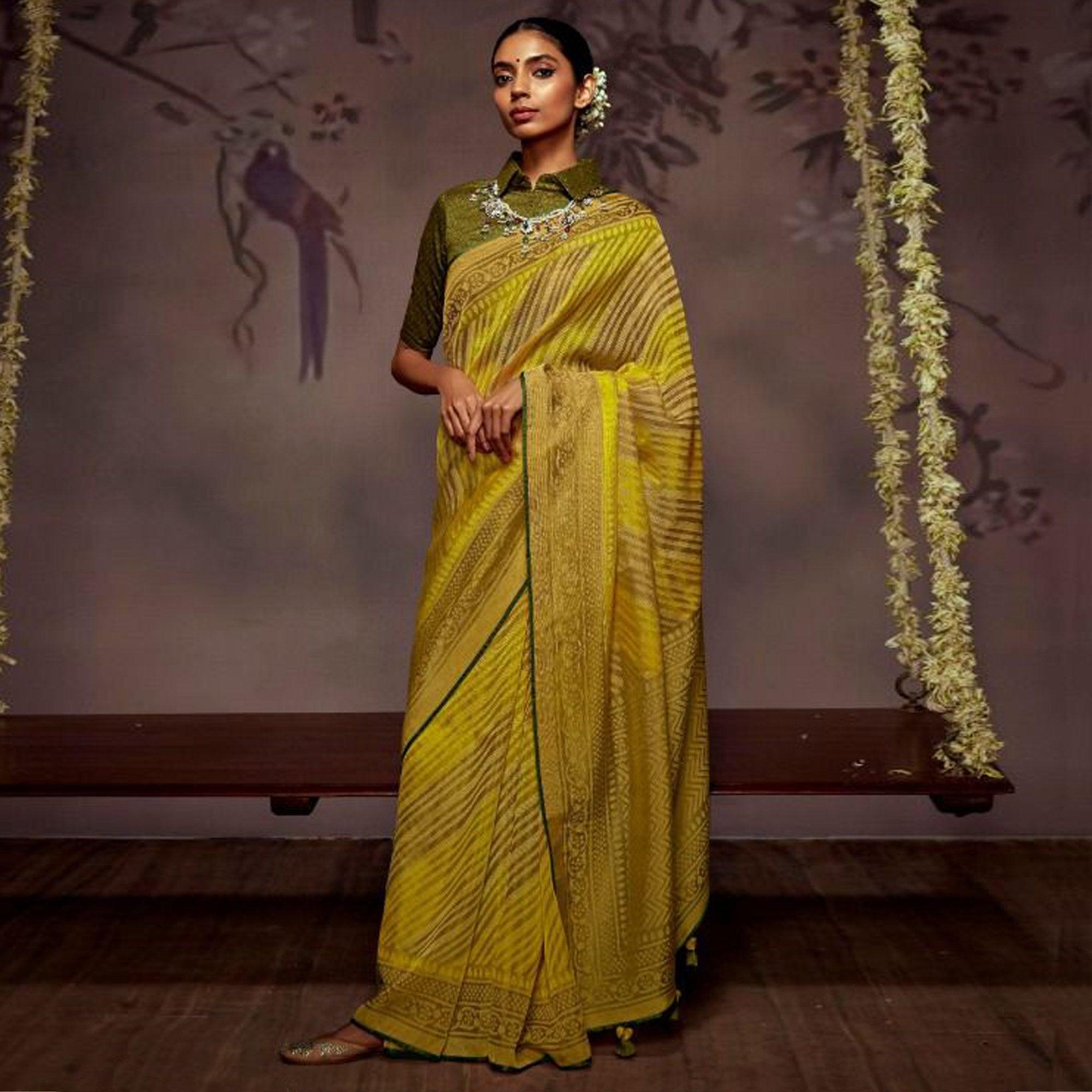 Multicolour Woven Brasso Saree With Tassels - Peachmode