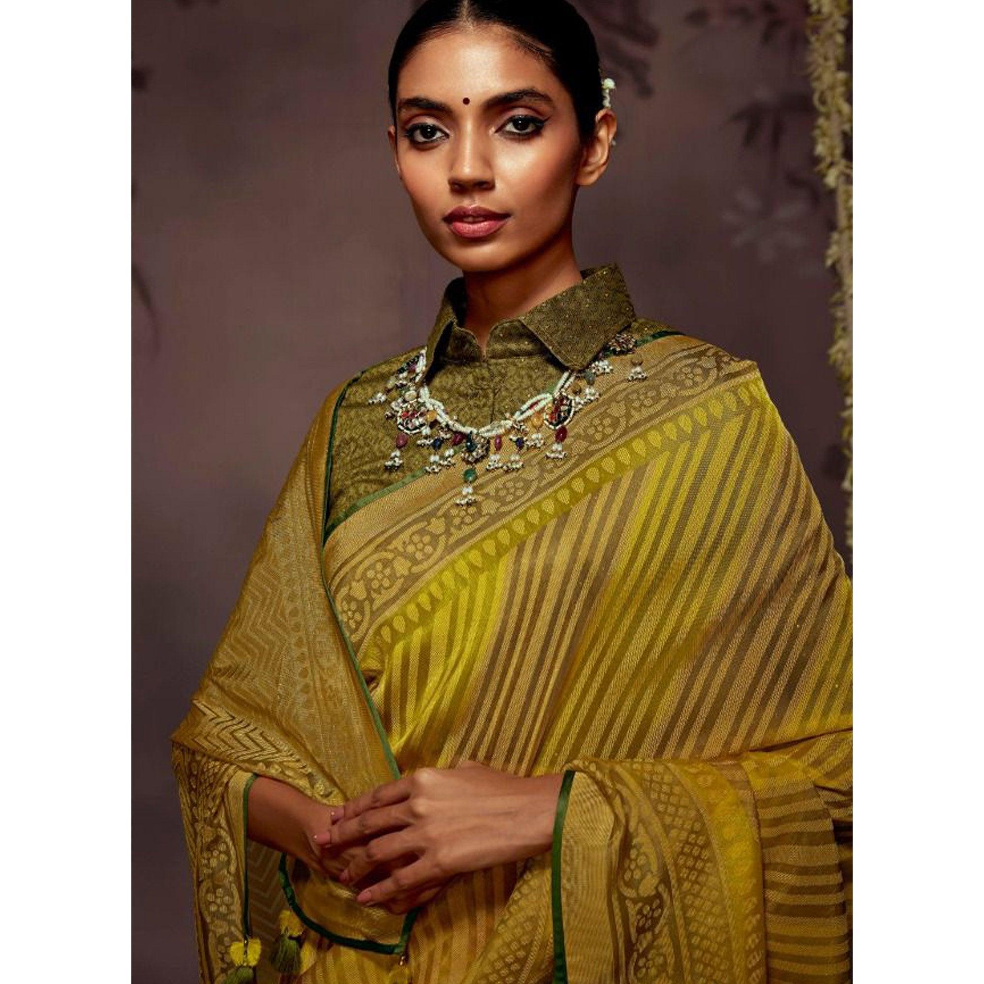 Multicolour Woven Brasso Saree With Tassels - Peachmode