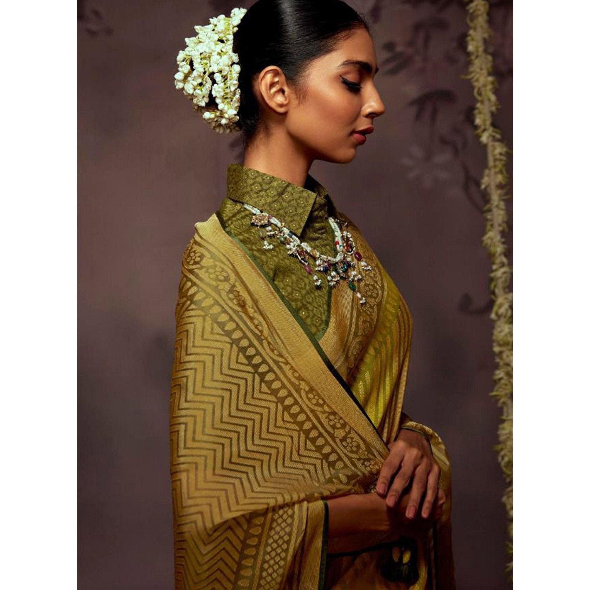 Multicolour Woven Brasso Saree With Tassels - Peachmode