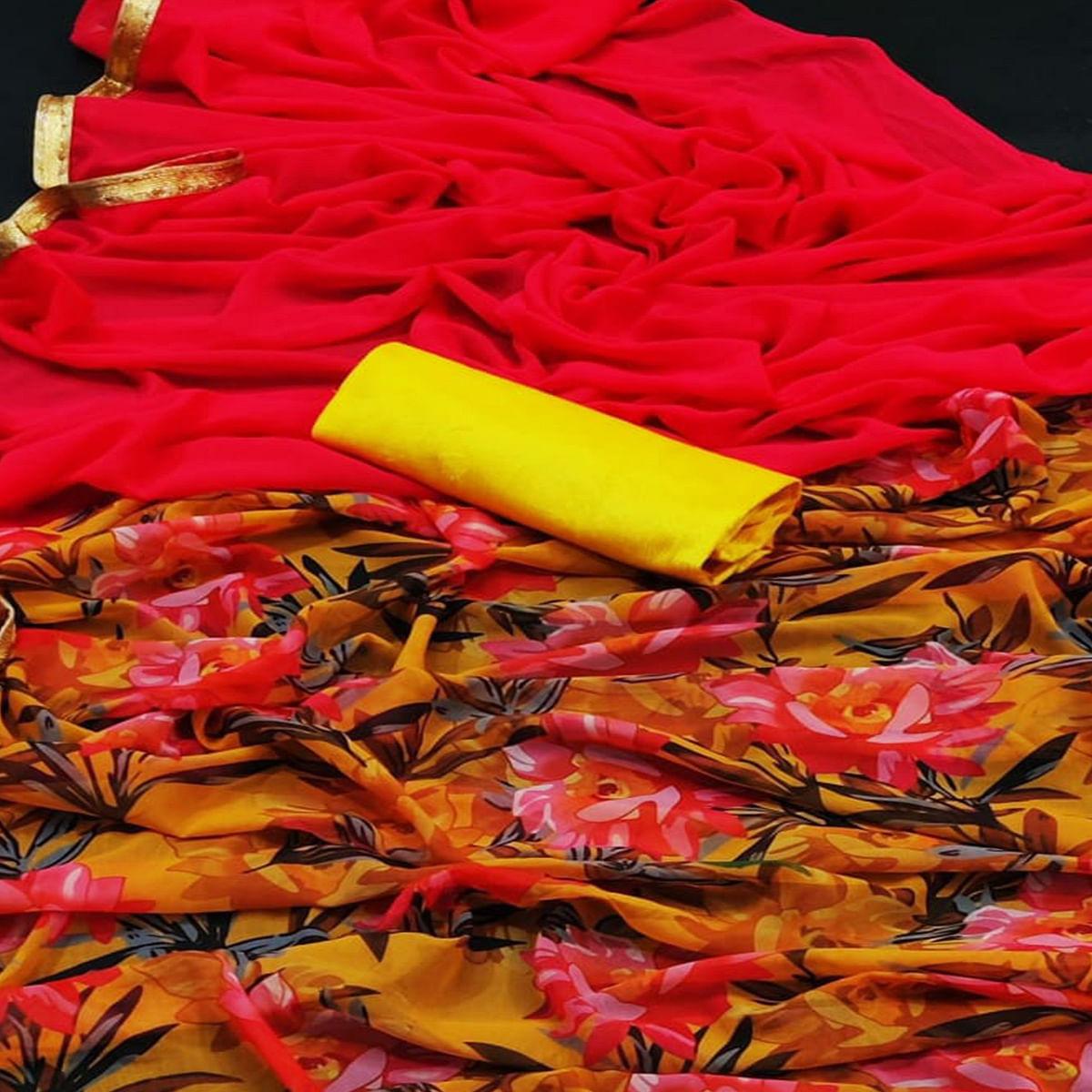 Mustard & Pink Casual Wear Printed Georgette Saree - Peachmode