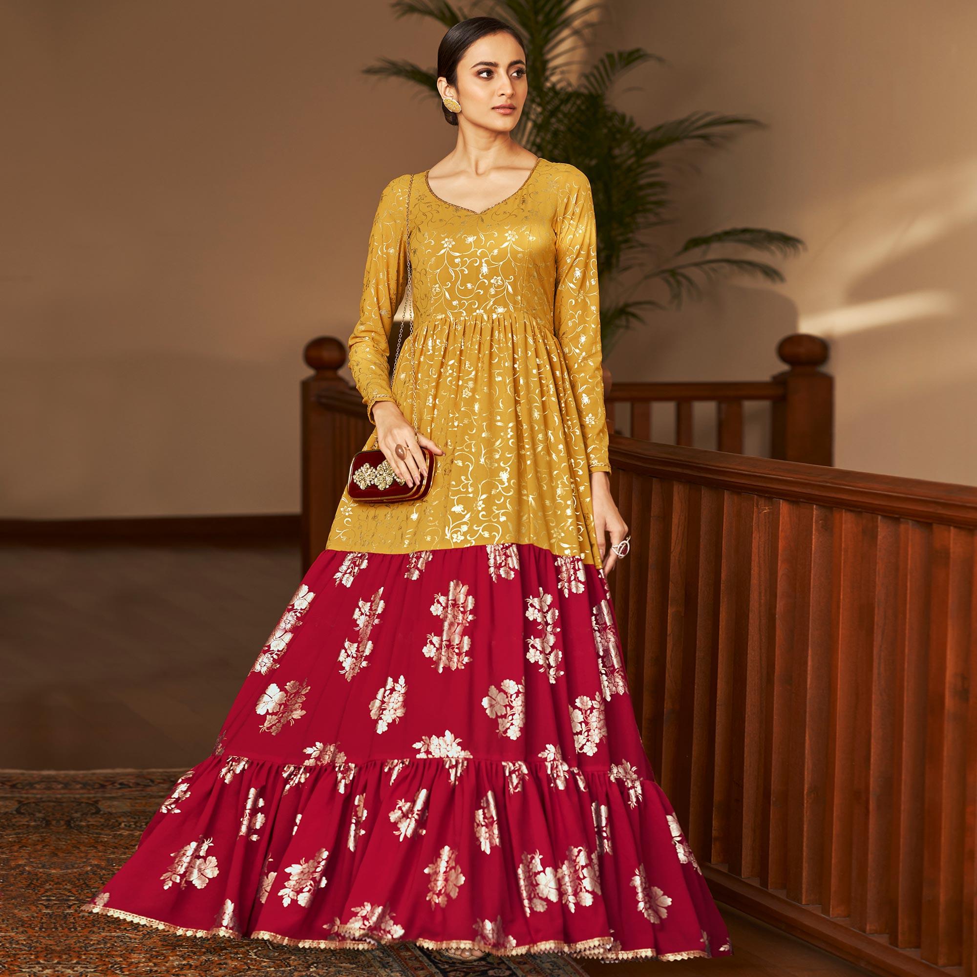 Mustard & Red Partywear Metallic Foil Work Georgette Gown - Peachmode