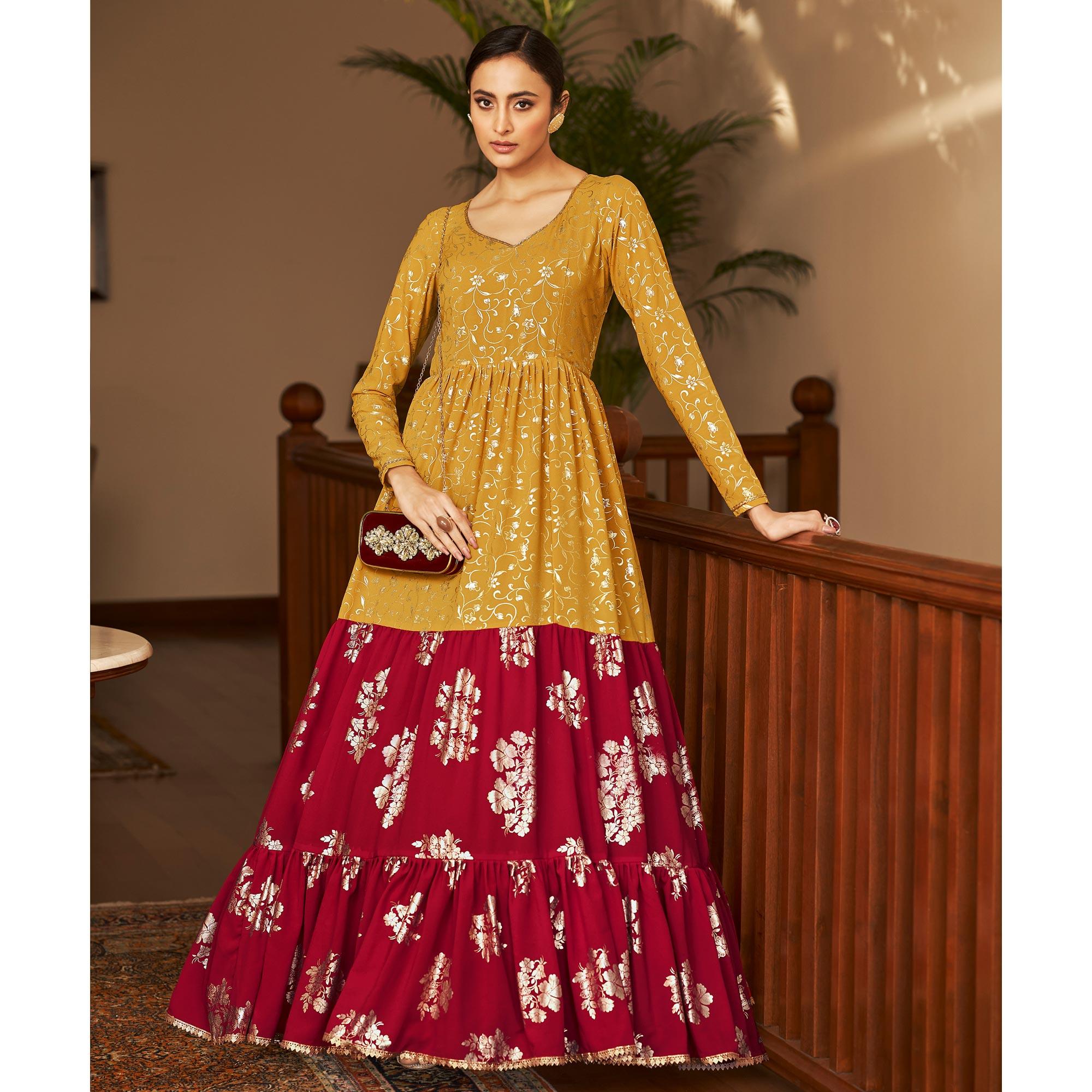 Mustard & Red Partywear Metallic Foil Work Georgette Gown - Peachmode