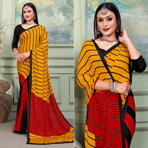 Mustard & Red Printed Raw Silk Saree - Peachmode
