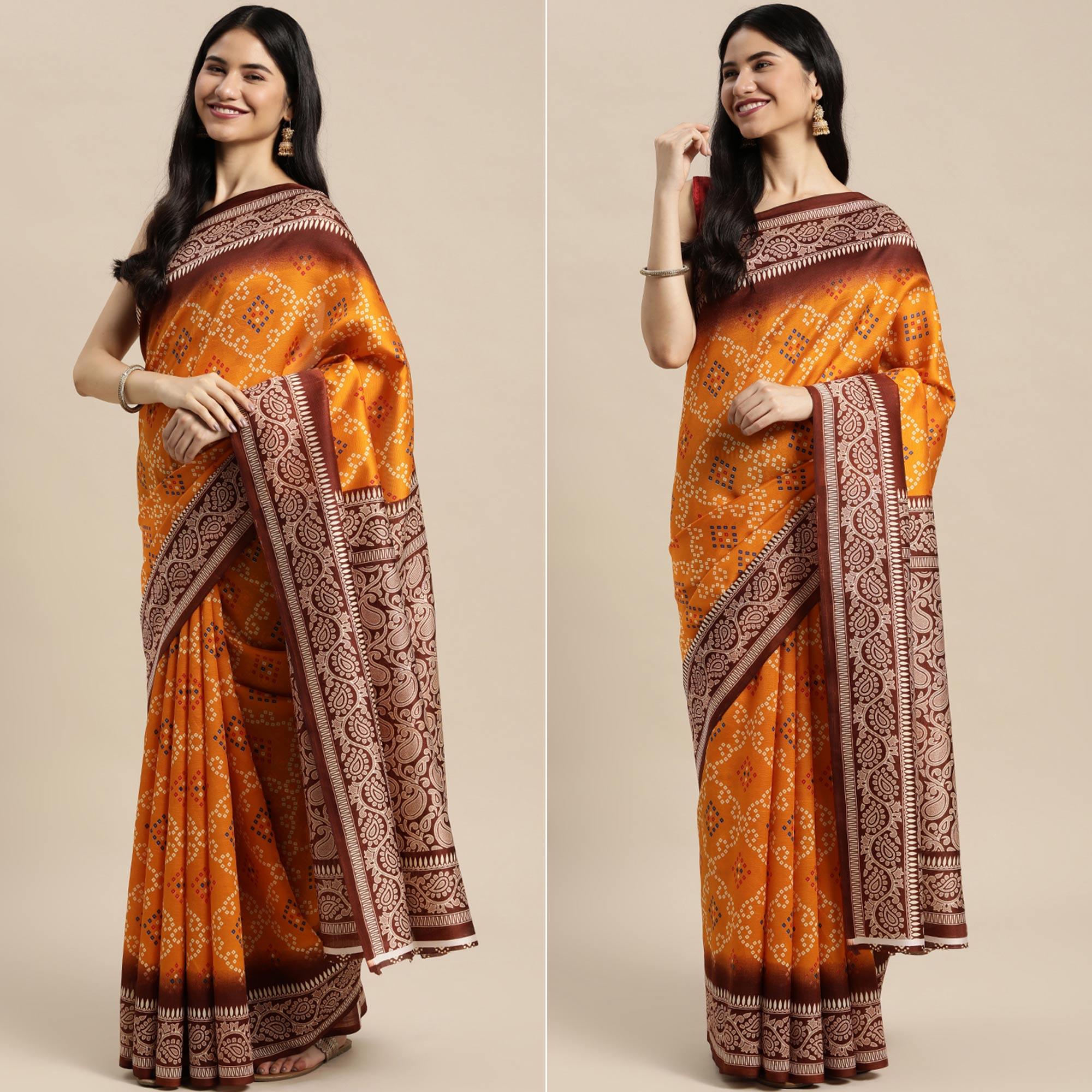 Mustard Bandhani Printed Art Silk Saree - Peachmode