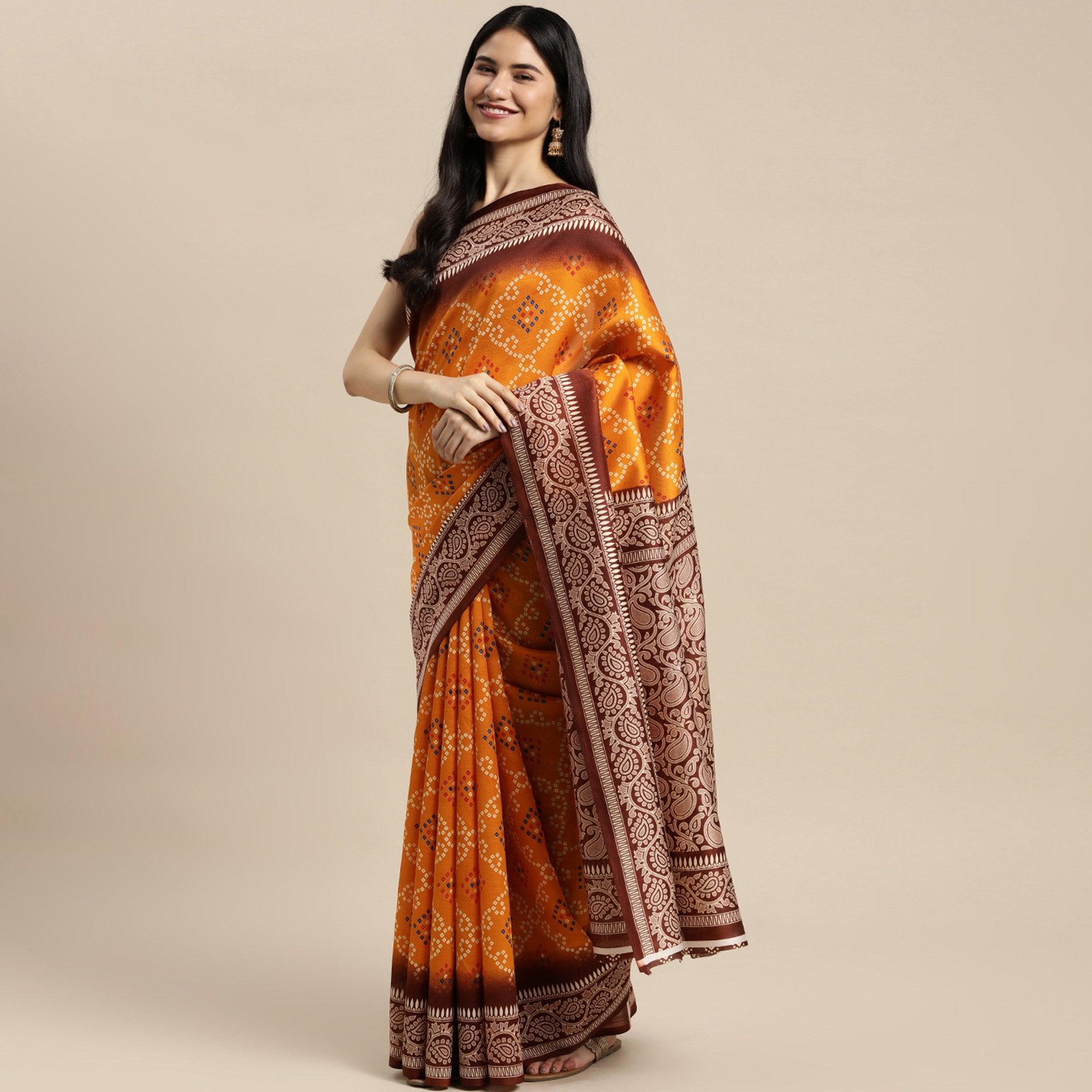 Mustard Bandhani Printed Art Silk Saree - Peachmode