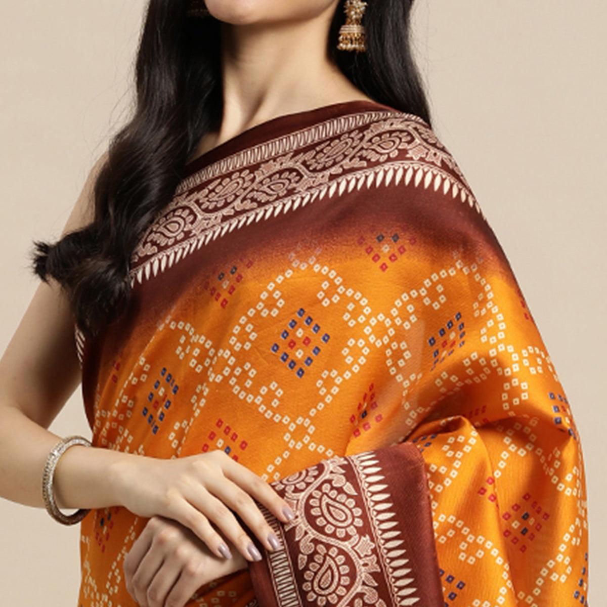 Mustard Bandhani Printed Art Silk Saree - Peachmode