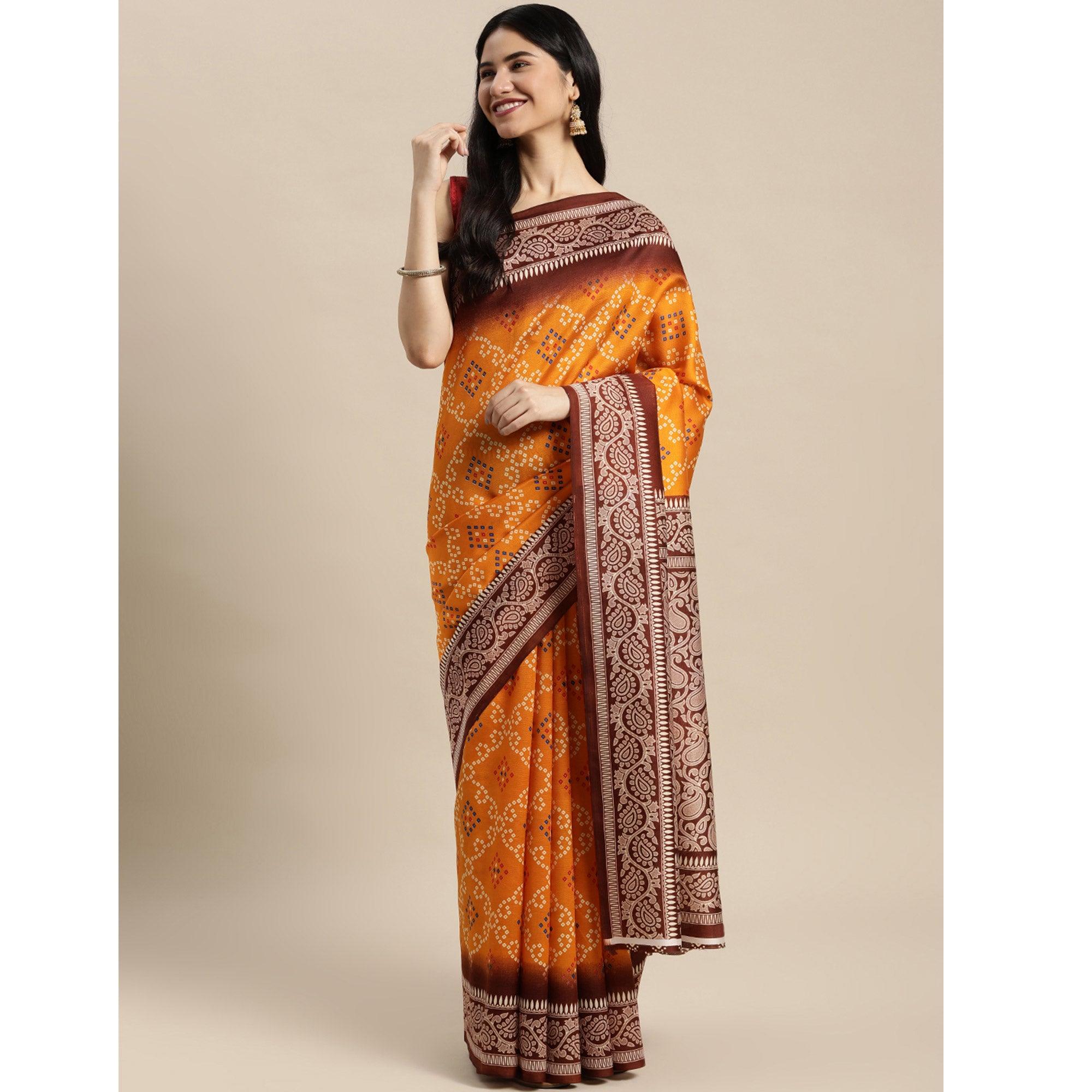 Mustard Bandhani Printed Art Silk Saree - Peachmode