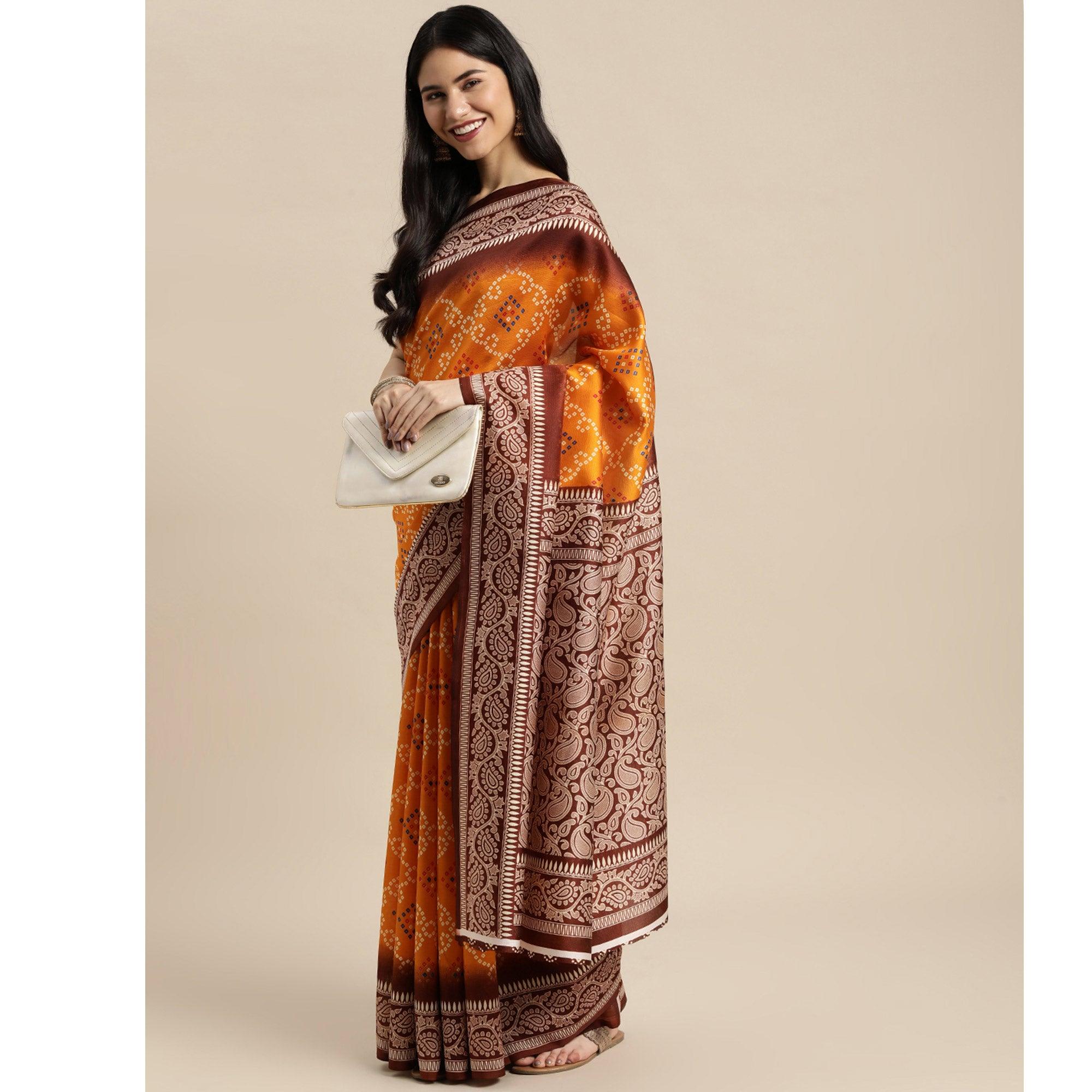 Mustard Bandhani Printed Art Silk Saree - Peachmode