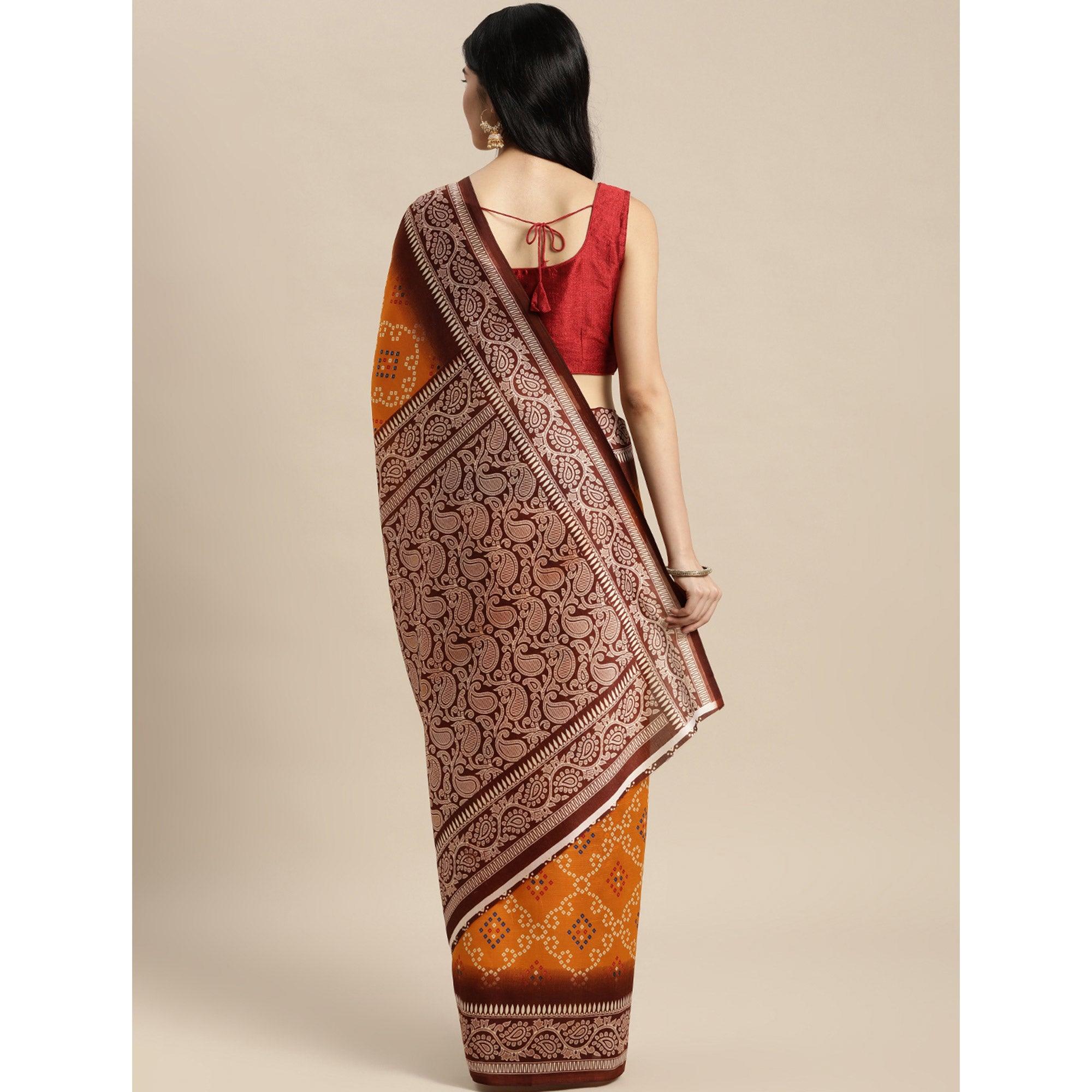 Mustard Bandhani Printed Art Silk Saree - Peachmode