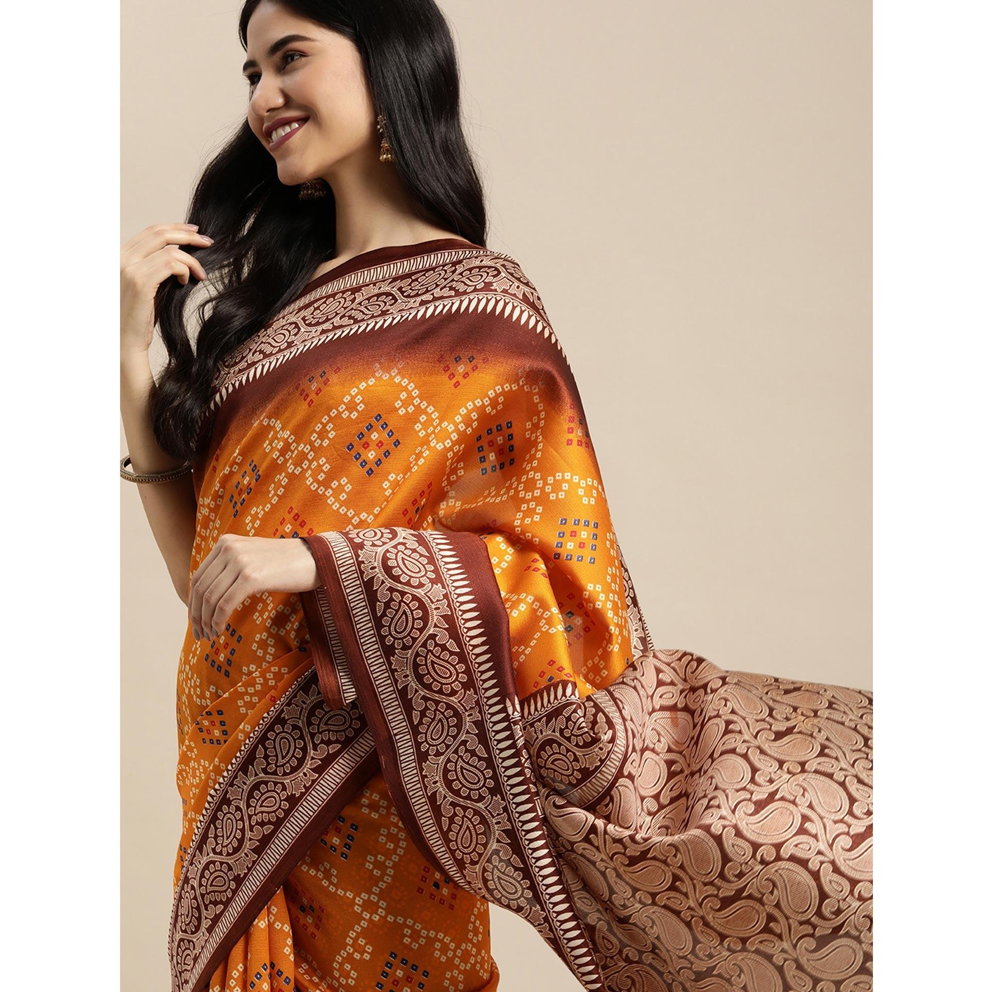 Mustard Bandhani Printed Art Silk Saree - Peachmode