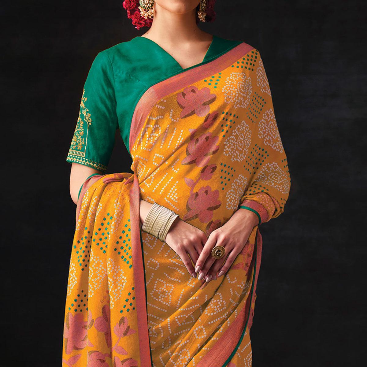 Mustard Bandhani Printed Brasso Saree - Peachmode